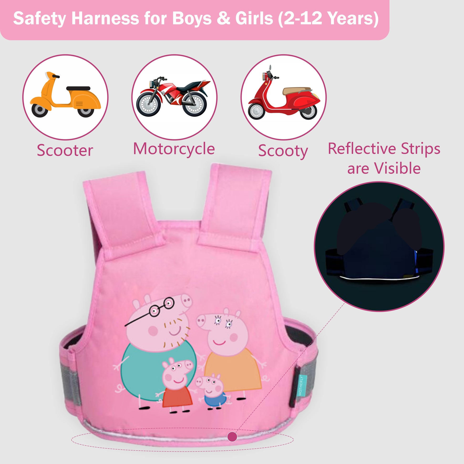Motherly Children's Motorcycle Safety Harness Safe, Stylish Riding Companion with Two Wheeler Child Safety Belt - MOTHERLY