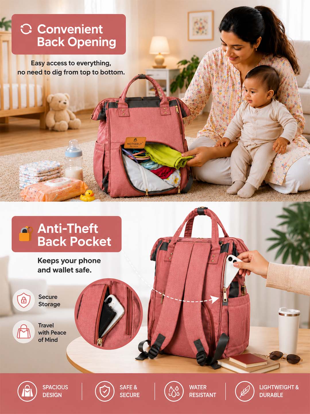 Motherly Crown Diaper Bag for Moms – Water-Resistant Travel & Maternity Bag with Multiple Pockets & 6-Month Warranty