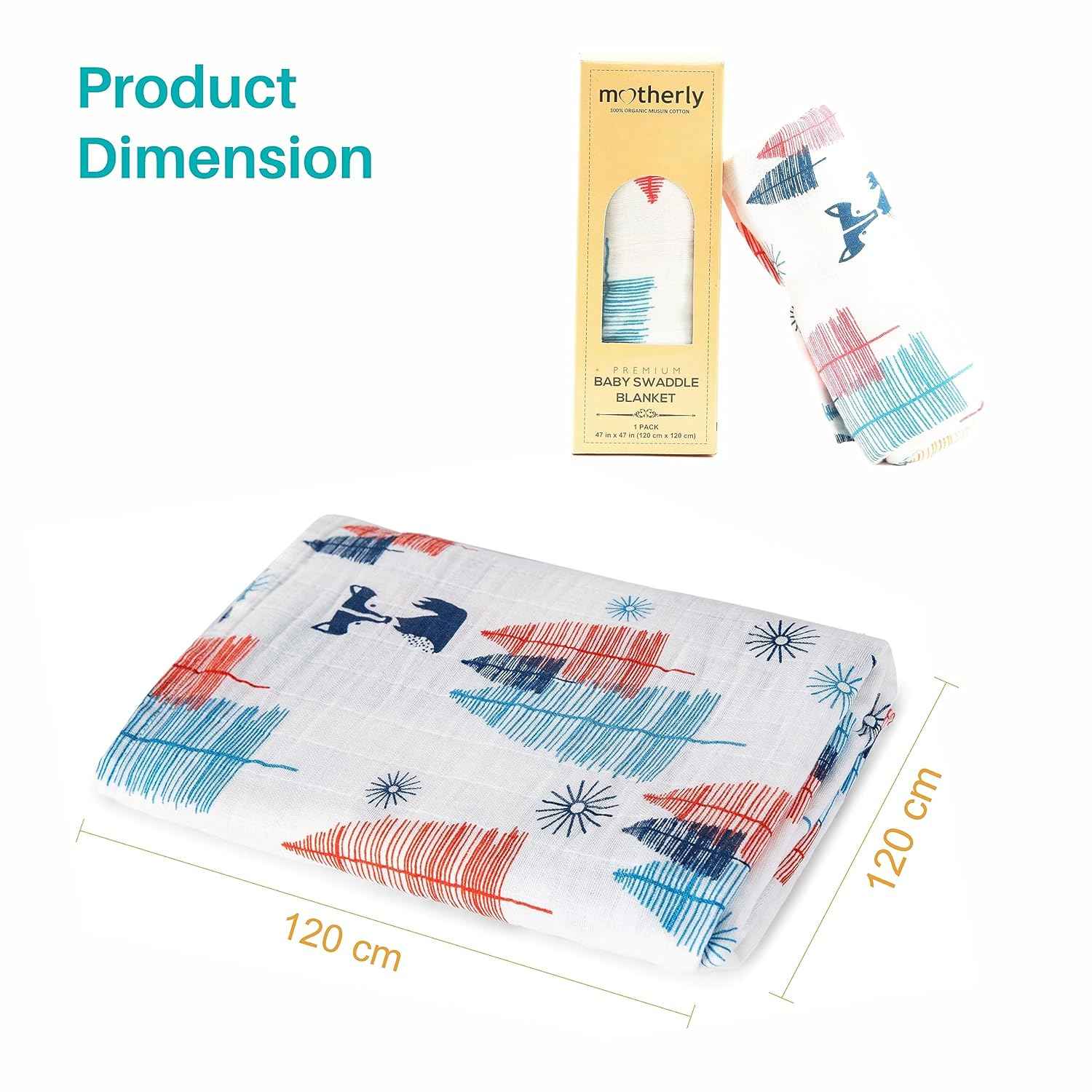 Motherly 100% Cotton Muslin Baby Swaddle | Dreamy Wrap Cozy Swaddle for New Born Baby, Size - 120cm X 120cm (47"x47")