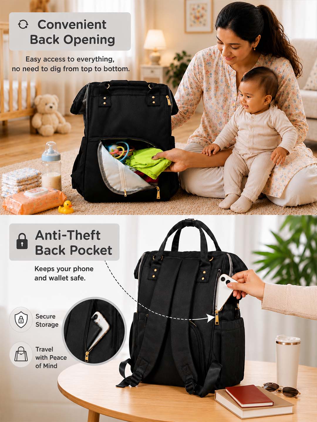 Motherly Crown Diaper Bag for Moms – Water-Resistant Travel & Maternity Bag with Multiple Pockets & 6-Month Warranty