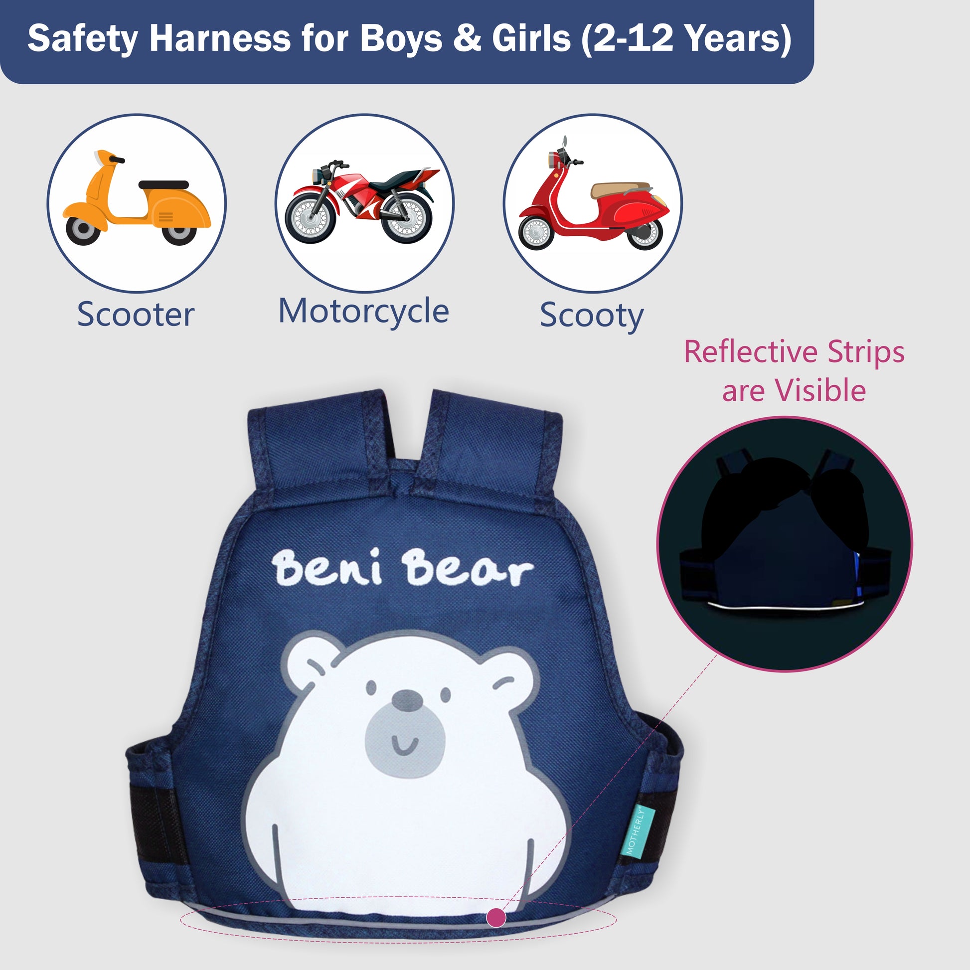 Motherly Children's Motorcycle Safety Harness Safe, Stylish Riding Companion with Two Wheeler Child Safety Belt - MOTHERLY