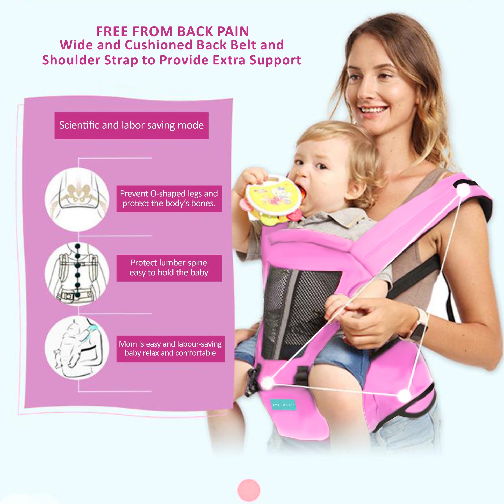 Motherly 2-in-1 Baby Carrier Bag for 6 to 36 Months - Kangaroo Style with Hip Seat for Comfort Carrying - MOTHERLY
