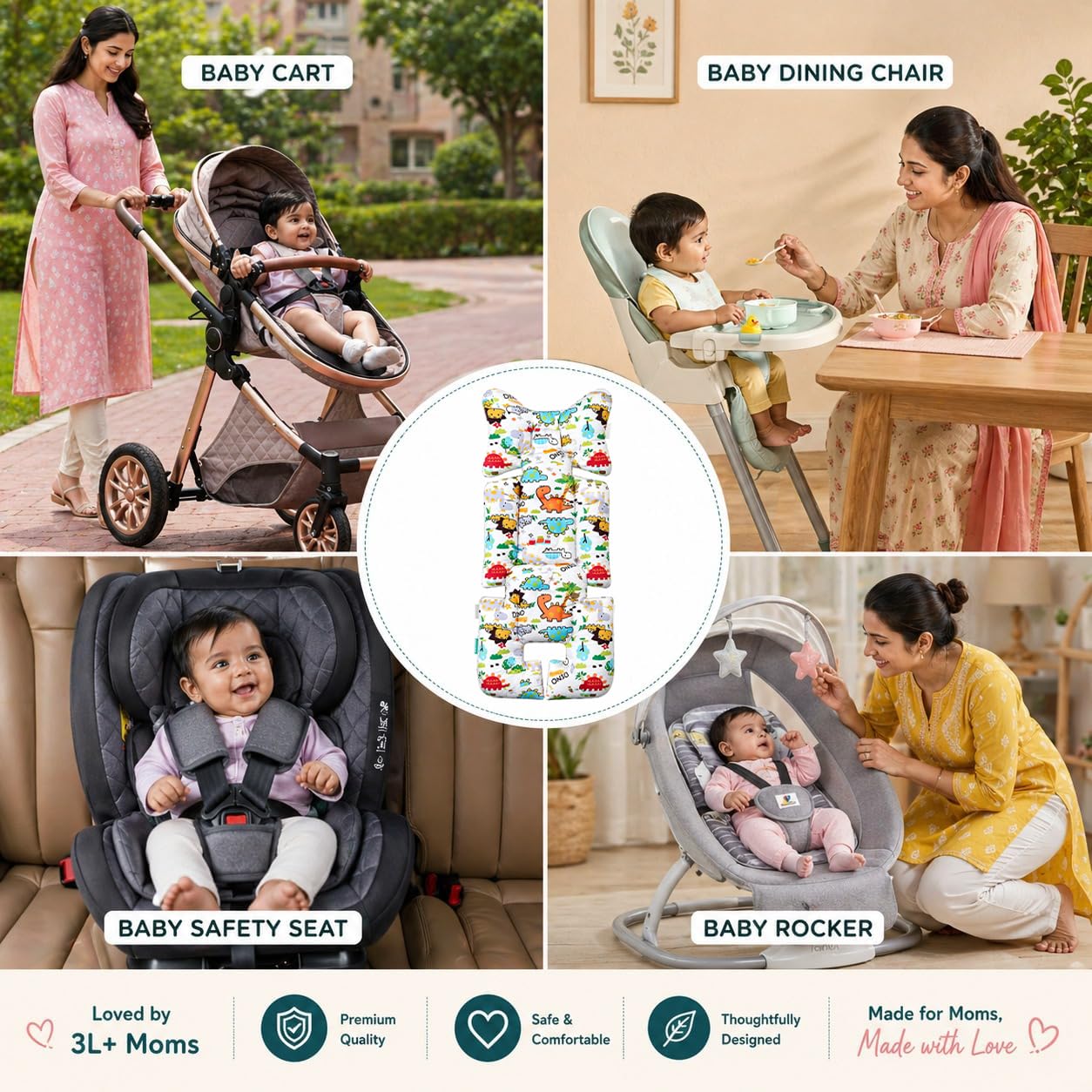 Motherly Baby Stroller Seat Cushion | Reversible and Universal Fit Pad for Strollers, High Chairs, Car Seats & Rockers | Soft, Breathable Pram Liner with Secure Straps & Safety Belt Slot - cartoon-diansour-1