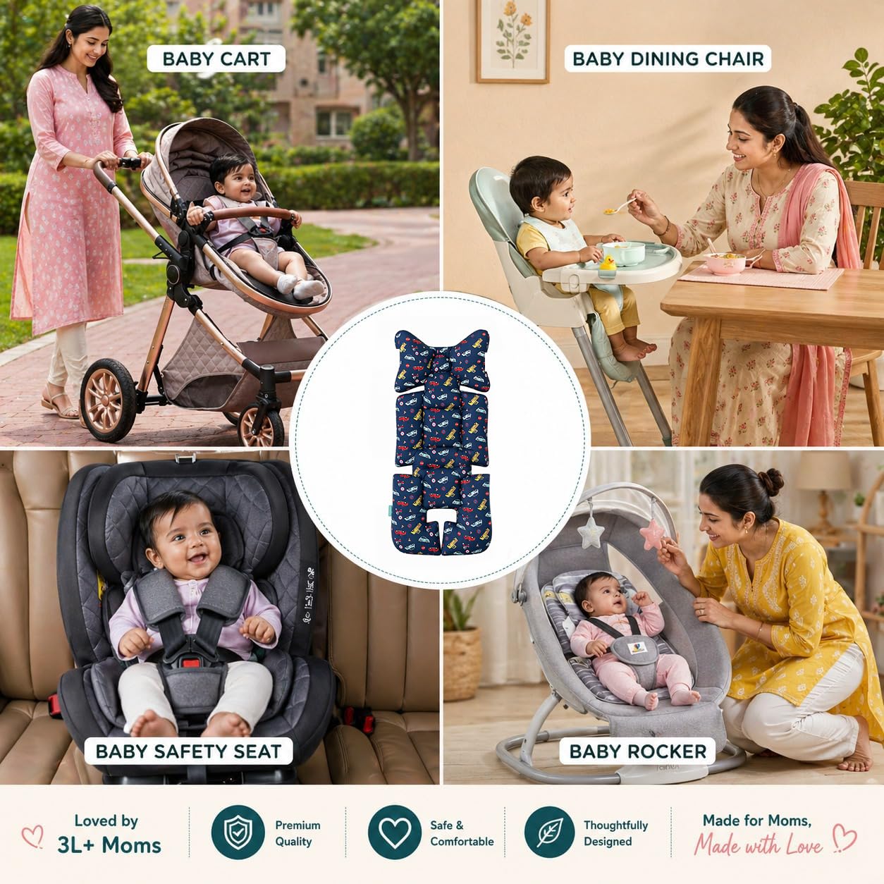 Motherly Baby Stroller Seat Cushion | Reversible and Universal Fit Pad for Strollers, High Chairs, Car Seats & Rockers | Soft, Breathable Pram Liner with Secure Straps & Safety Belt Slot - Car