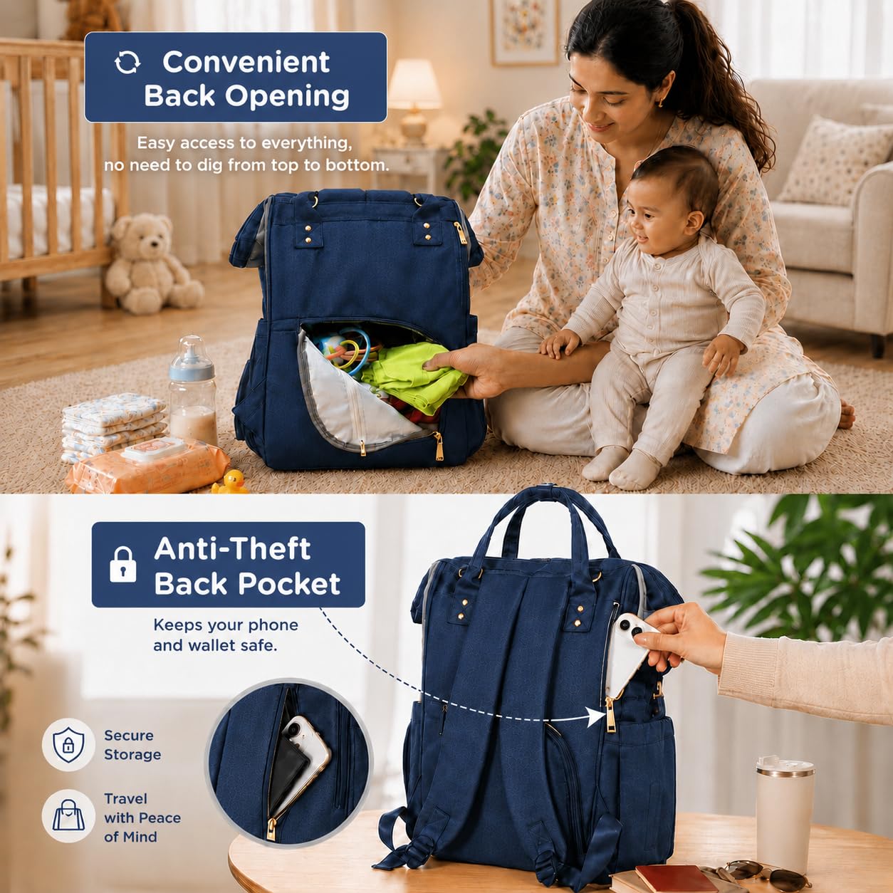Motherly Patented Diaper Bag Backpack for Mothers | Waterproof Baby Travel & Maternity Bag | Multiple Compartments, Insulated Bottle Pockets, Warranty | Crown Series
