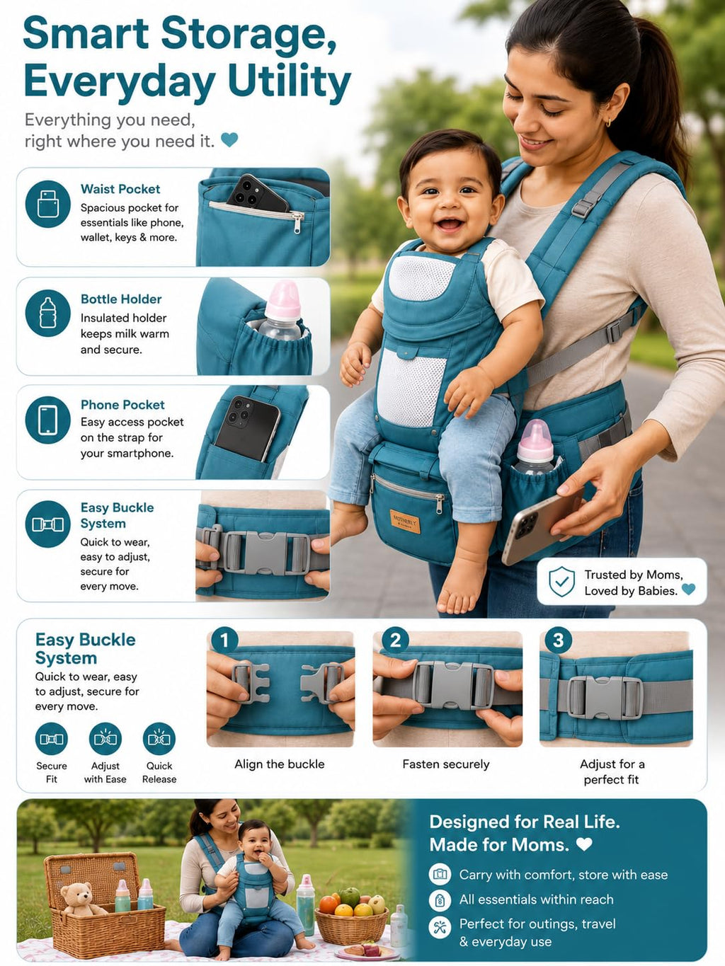 Motherly Embrace Baby Carrier with Detachable Hip Seat – English Blue | 6-in-1 Adjustable Hands-Free Carrier for 0 to 2 Year Baby | Infant & Toddler Carrier with Head Shield & Buckle Straps