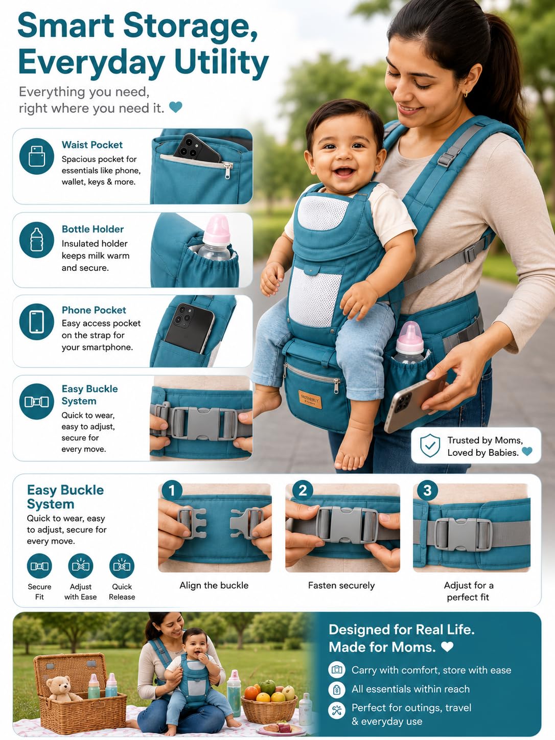 Motherly Embrace Baby Carrier with Detachable Hip Seat – English Blue | 6-in-1 Adjustable Hands-Free Carrier for 0 to 2 Year Baby | Infant & Toddler Carrier with Head Shield & Buckle Straps