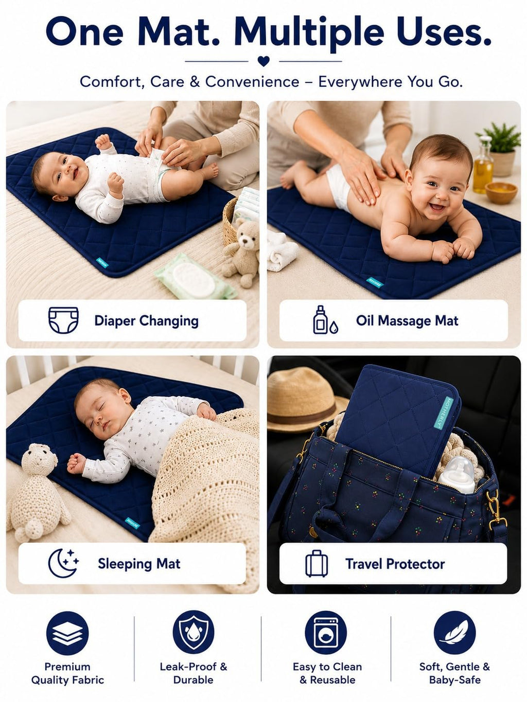 Motherly Reusable & Washable Baby Diaper Changing Mat and Oil Massage Mat, Portable One-Hand Foldable pad Water-Resistant Bed Protector for Newborn Boys & Girls (72 x 42 cm, 0-12 Months)