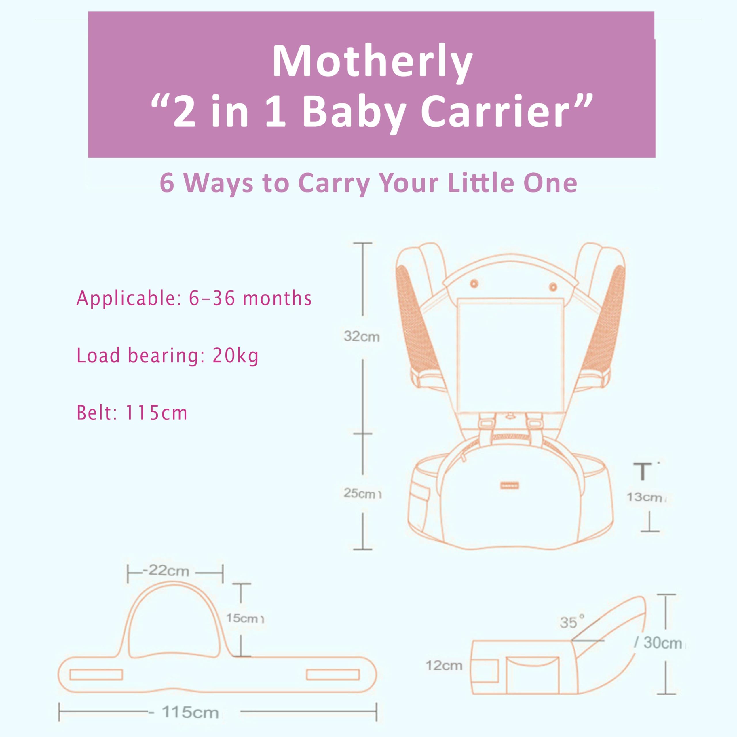 Motherly 2-in-1 Baby Carrier Bag for 6 to 36 Months - Kangaroo Style with Hip Seat for Comfort Carrying