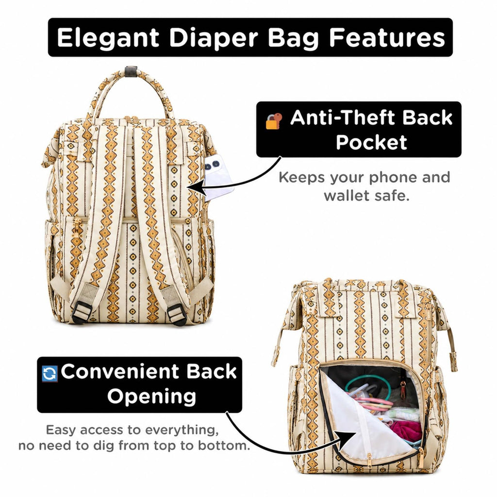 Motherly Patented Diaper Bag Backpack for Moms | Waterproof Baby Travel & Maternity Bag | Spacious Nappy Bag with Multiple Compartments, Insulated Bottle Pockets & Warranty (Ethnic Series, Cream))