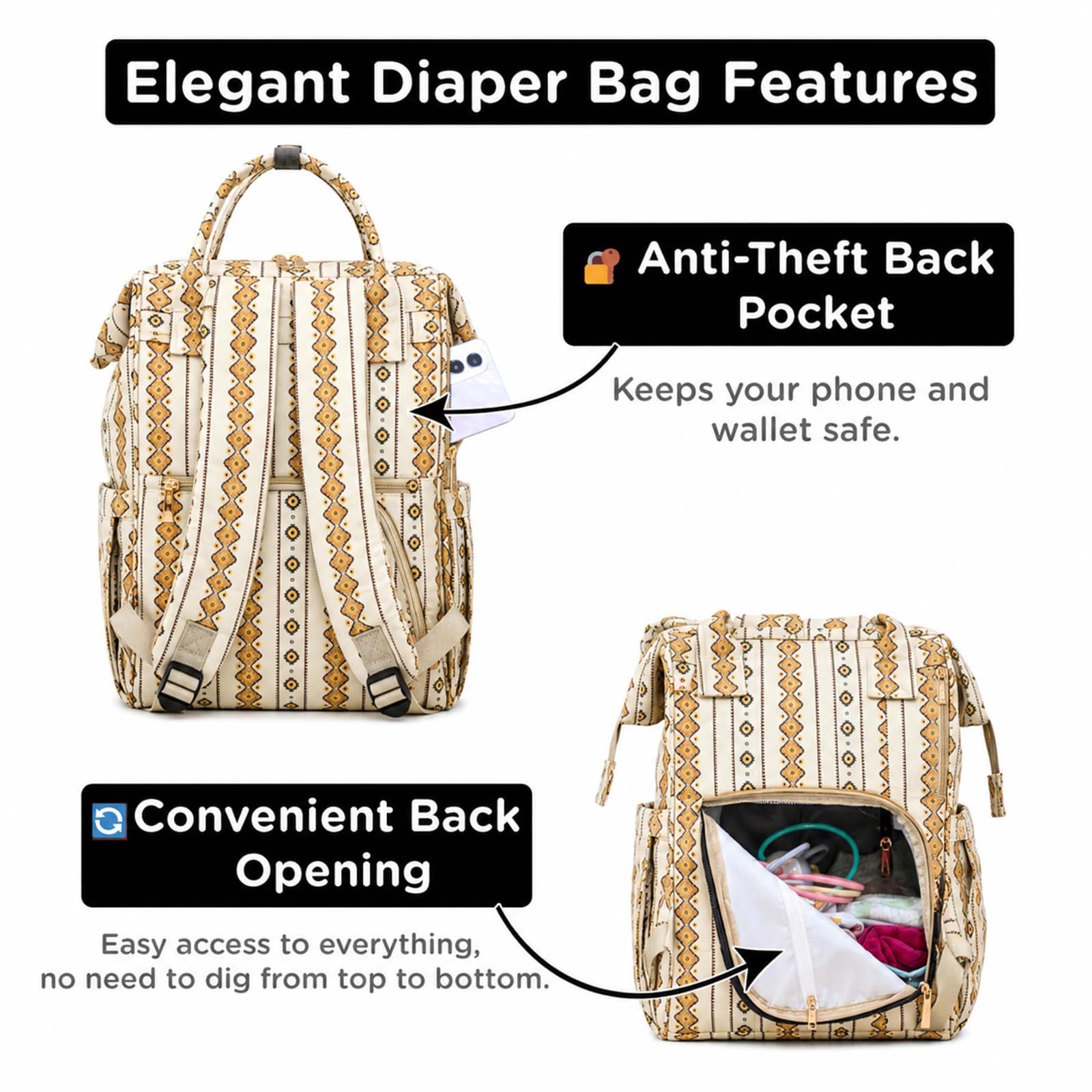 Motherly Patented Diaper Bag Backpack for Moms | Waterproof Baby Travel & Maternity Bag | Spacious Nappy Bag with Multiple Compartments, Insulated Bottle Pockets & Warranty (Ethnic Series, Cream))