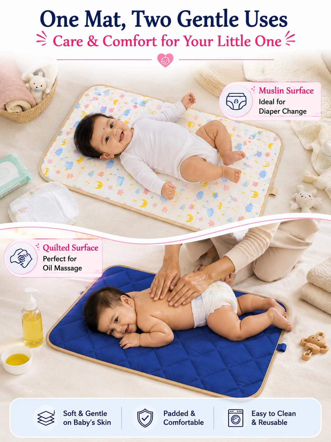 Motherly Waterproof Reversible Baby Changing Mat | Soft Quilted Diaper Changing Pad | Foldable Portable Changing Sheet for Home & Travel