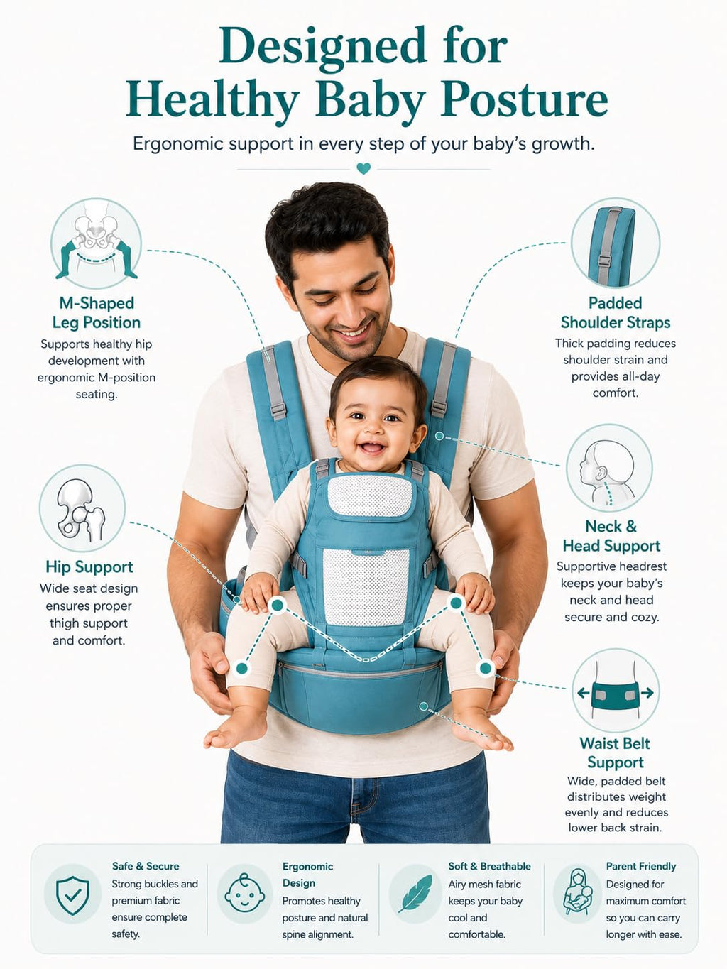 Motherly Embrace Baby Carrier with Detachable Hip Seat – English Blue | 6-in-1 Adjustable Hands-Free Carrier for 0 to 2 Year Baby | Infant & Toddler Carrier with Head Shield & Buckle Straps