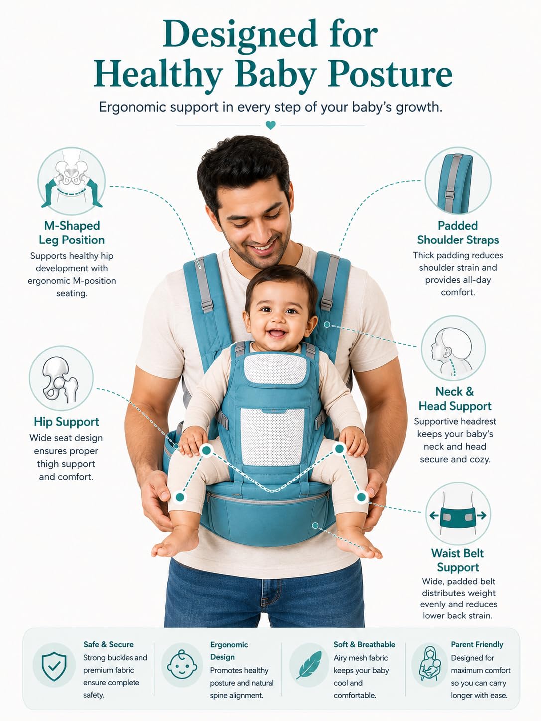 Motherly Embrace Baby Carrier with Detachable Hip Seat – English Blue | 6-in-1 Adjustable Hands-Free Carrier for 0 to 2 Year Baby | Infant & Toddler Carrier with Head Shield & Buckle Straps