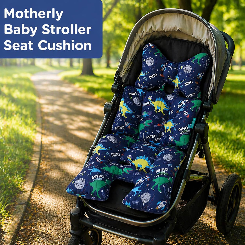 Motherly Baby Stroller Seat Cushion | Reversible and Universal Fit Pad for Strollers, High Chairs, Car Seats & Rockers | Soft, Breathable Pram Liner with Secure Straps & Safety Belt Slot - blue-space
