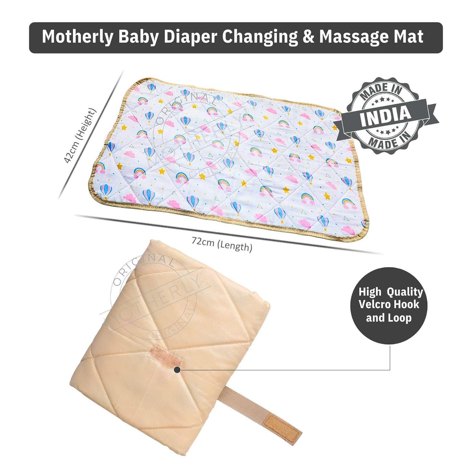 Motherly Diaper Changing Mat for Newborn Baby, Reusable Portable Changing Pad, Crib Mat for Baby, Sleeping Mattress for Boys & Girls (72 x 42 cm, 0-12 Months) - MOTHERLY