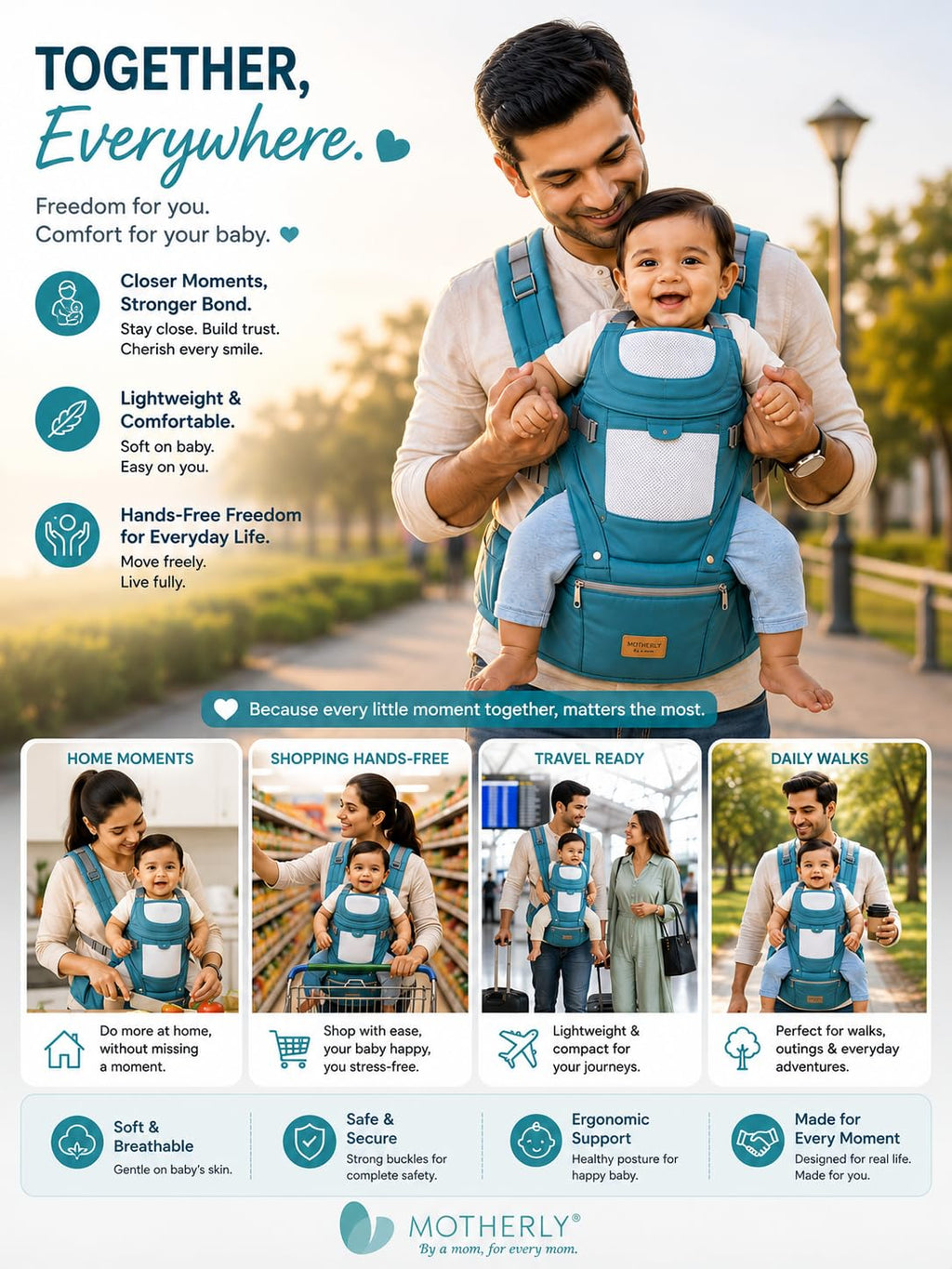 Motherly Embrace Baby Carrier with Detachable Hip Seat – English Blue | 6-in-1 Adjustable Hands-Free Carrier for 0 to 2 Year Baby | Infant & Toddler Carrier with Head Shield & Buckle Straps
