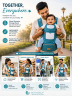 Motherly Embrace Baby Carrier with Detachable Hip Seat – English Blue | 6-in-1 Adjustable Hands-Free Carrier for 0 to 2 Year Baby | Infant & Toddler Carrier with Head Shield & Buckle Straps
