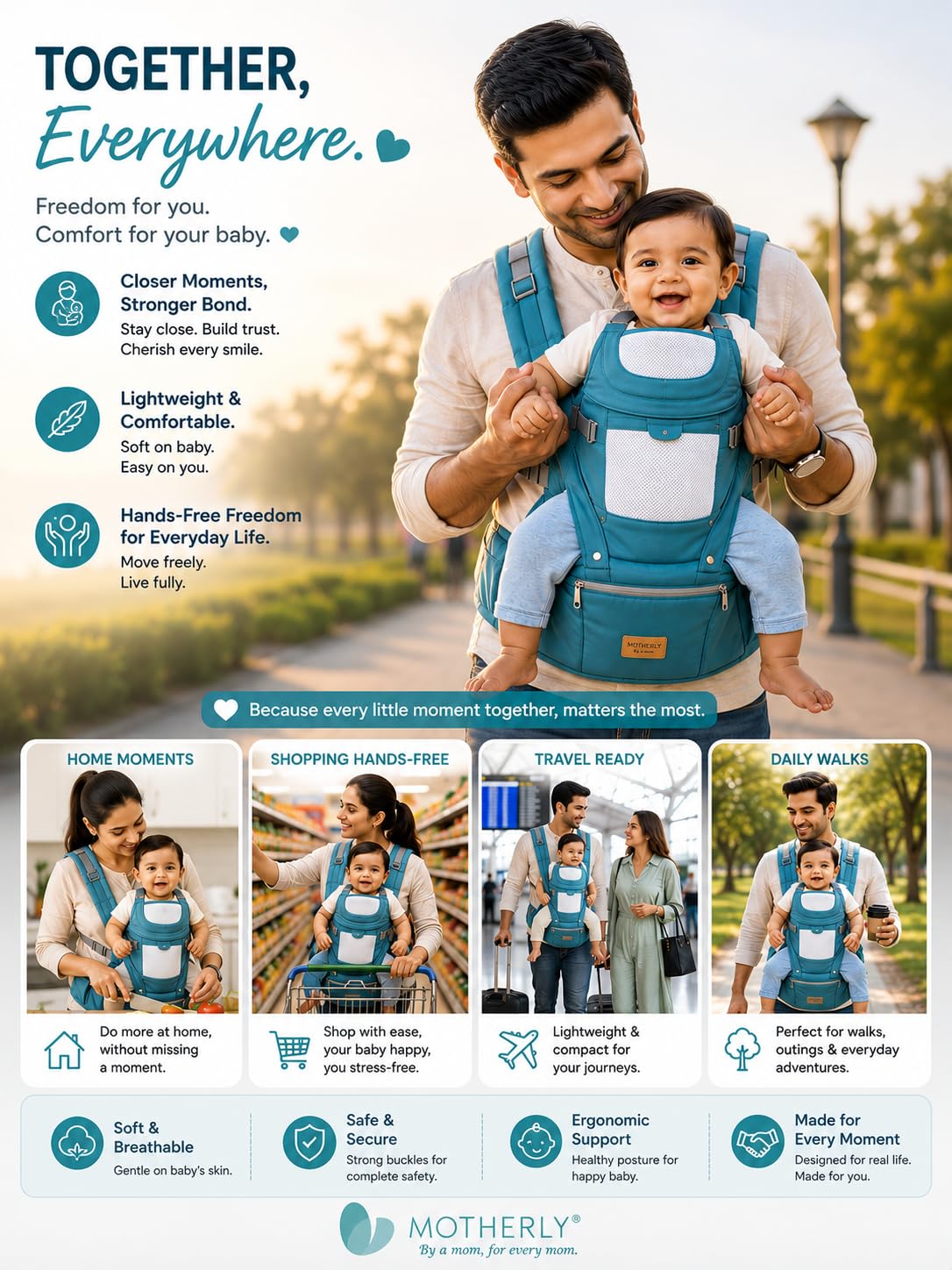 Motherly Embrace Baby Carrier with Detachable Hip Seat – English Blue | 6-in-1 Adjustable Hands-Free Carrier for 0 to 2 Year Baby | Infant & Toddler Carrier with Head Shield & Buckle Straps