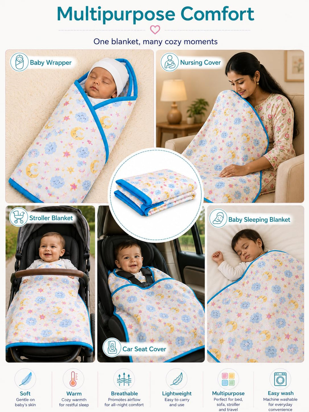 Motherly Muslin Blanket Design Reversible Stroller Cover for Newborn Baby & Toddler, Breathable Soft All Season/All Weather AC Blanket for Infant, Crib Mattres (110x90 cm, 0-24 Month)