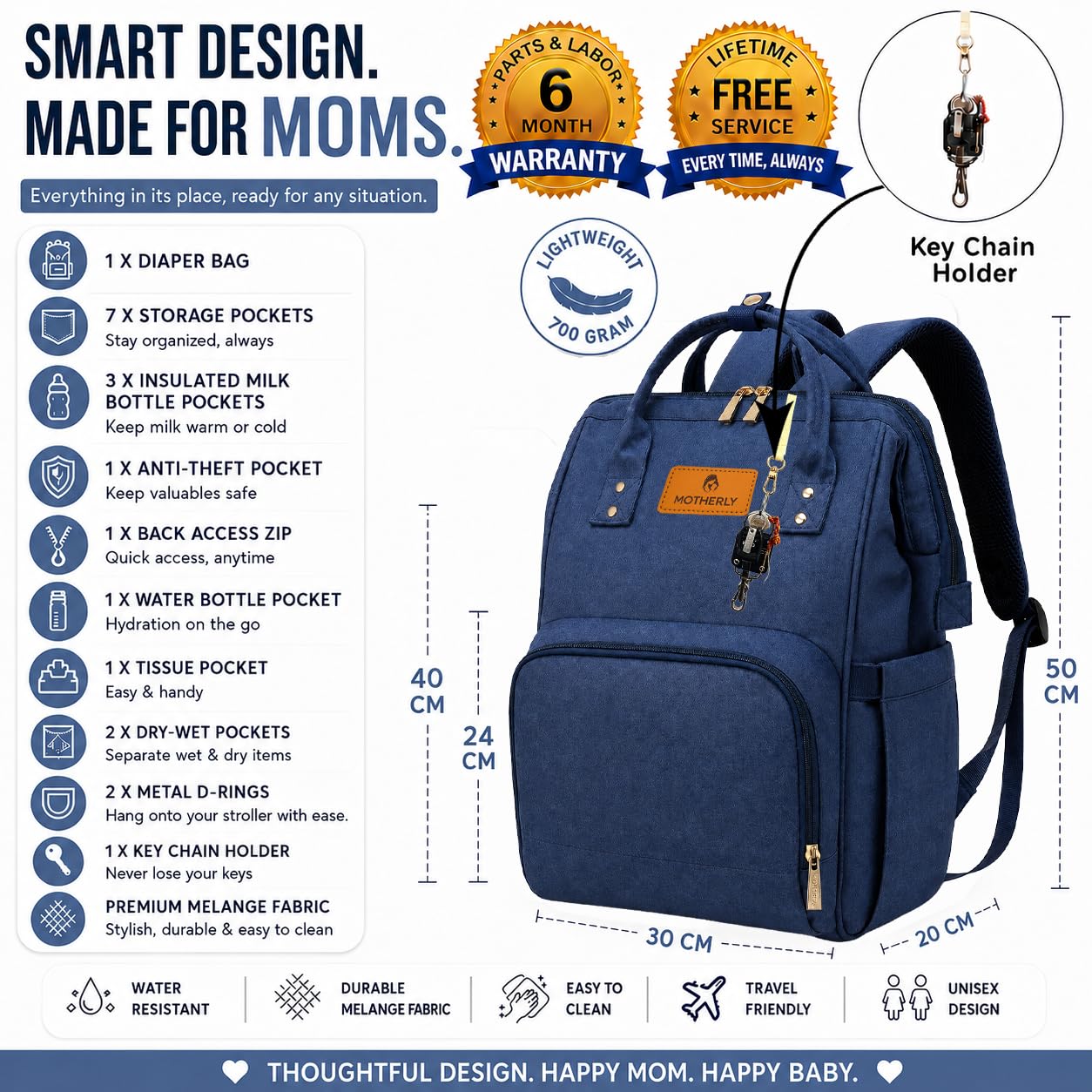 Motherly Patented Diaper Bag Backpack for Mothers | Waterproof Baby Travel & Maternity Bag | Multiple Compartments, Insulated Bottle Pockets, Warranty | Crown Series