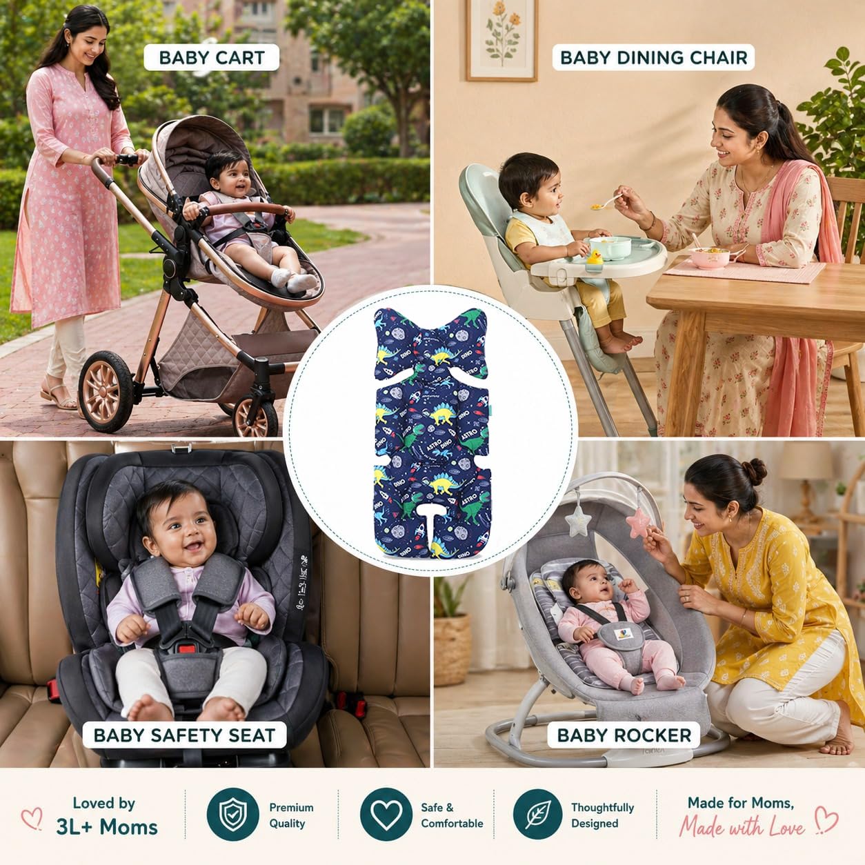 Motherly Baby Stroller Seat Cushion | Reversible and Universal Fit Pad for Strollers, High Chairs, Car Seats & Rockers | Soft, Breathable Pram Liner with Secure Straps & Safety Belt Slot - blue-space