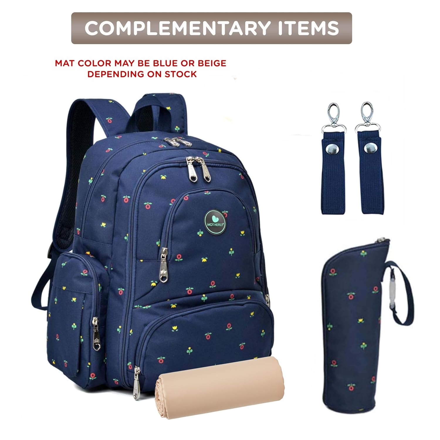 Motherly Elite Diaper Bag for Moms – with Bottle Bag, Changing Mat & Stroller Hooks (Blue Flower)