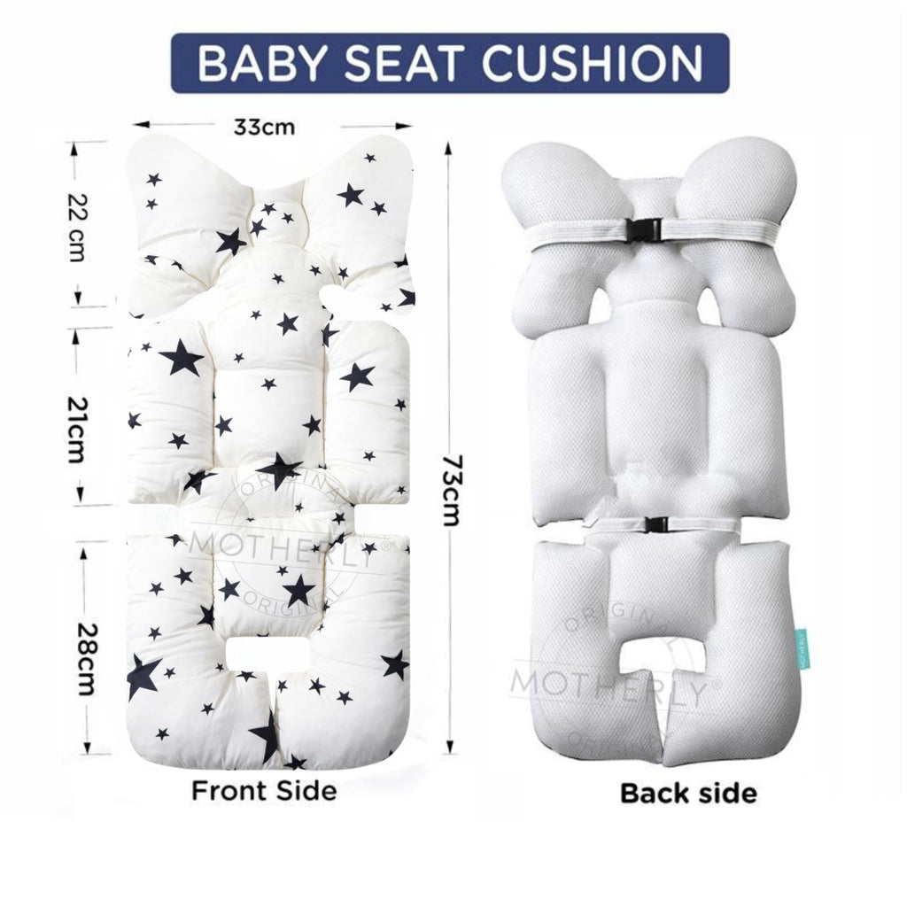 Motherly Baby Stroller Seat Cushion | Reversible and Universal Fit Pad for Strollers, High Chairs, Car Seats & Rockers | Soft, Breathable Pram Liner with Secure Straps & Safety Belt Slot - grey-star