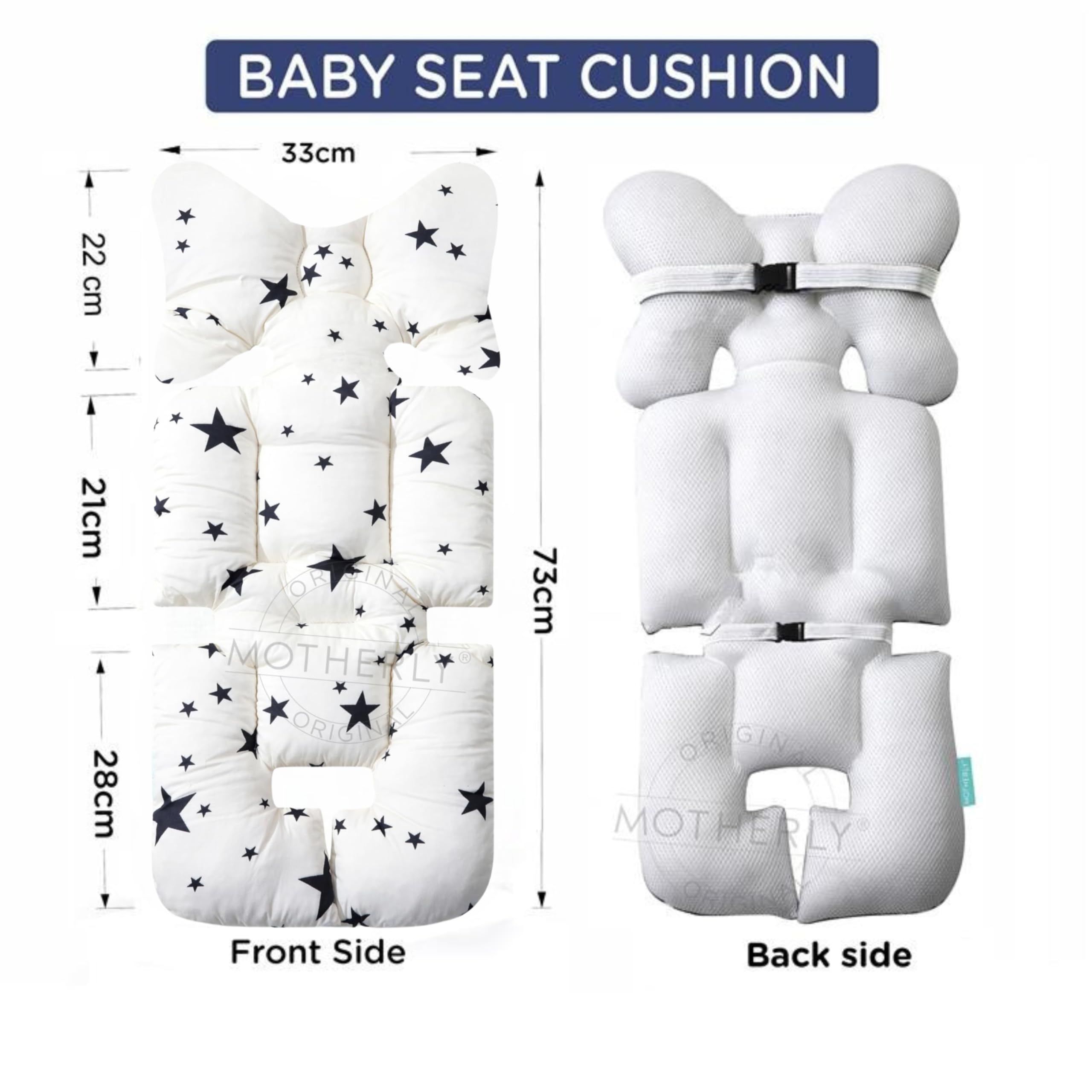 Motherly Baby Stroller Seat Cushion | Reversible and Universal Fit Pad for Strollers, High Chairs, Car Seats & Rockers | Soft, Breathable Pram Liner with Secure Straps & Safety Belt Slot - grey-star