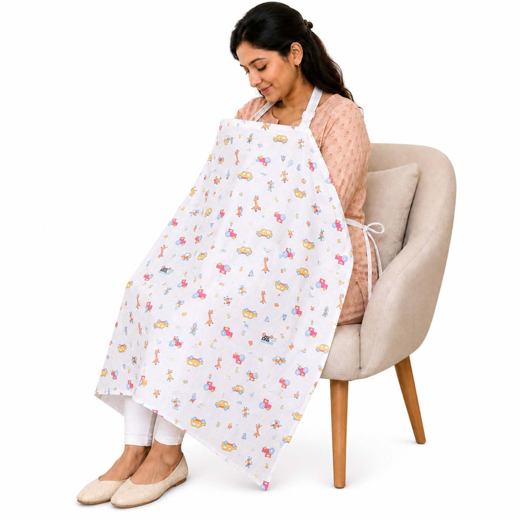Motherly Nursing Cover for Breastfeeding – Soft, Breathable Feeding Apron for Mom, Multi-Use Feeding Cover & Scarf - white-car