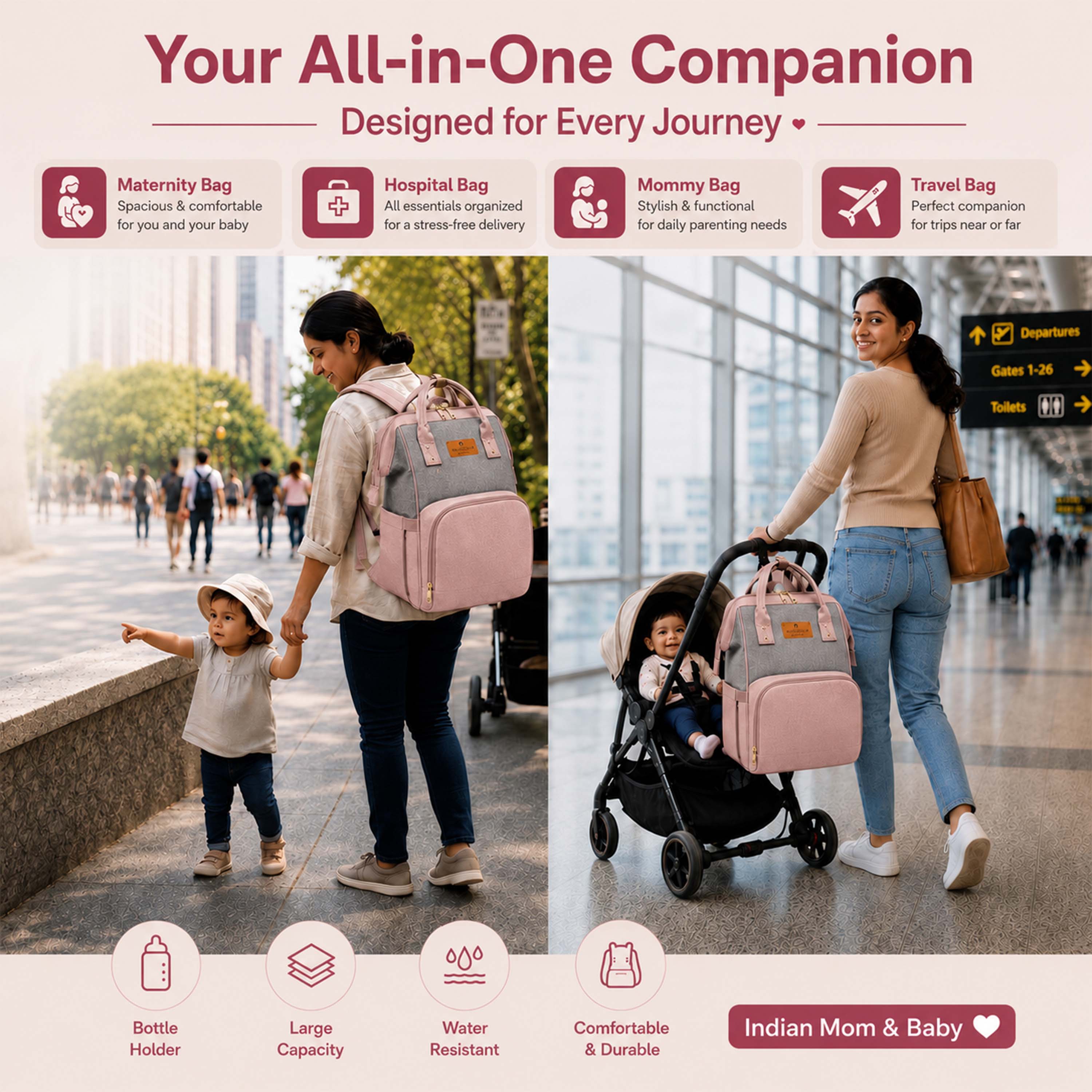 Motherly Crown Melange Fabric Diaper Bag for Travel & Maternity, Multipocket Water-Resistant Hospital Organizer for Newborn Moms with Warranty