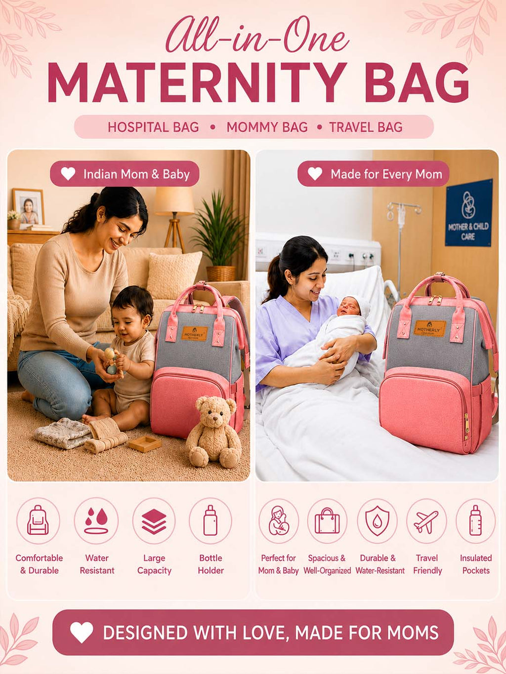 Motherly Crown Diaper Bag for Moms – Water-Resistant Travel & Maternity Bag with Multiple Pockets & 6-Month Warranty