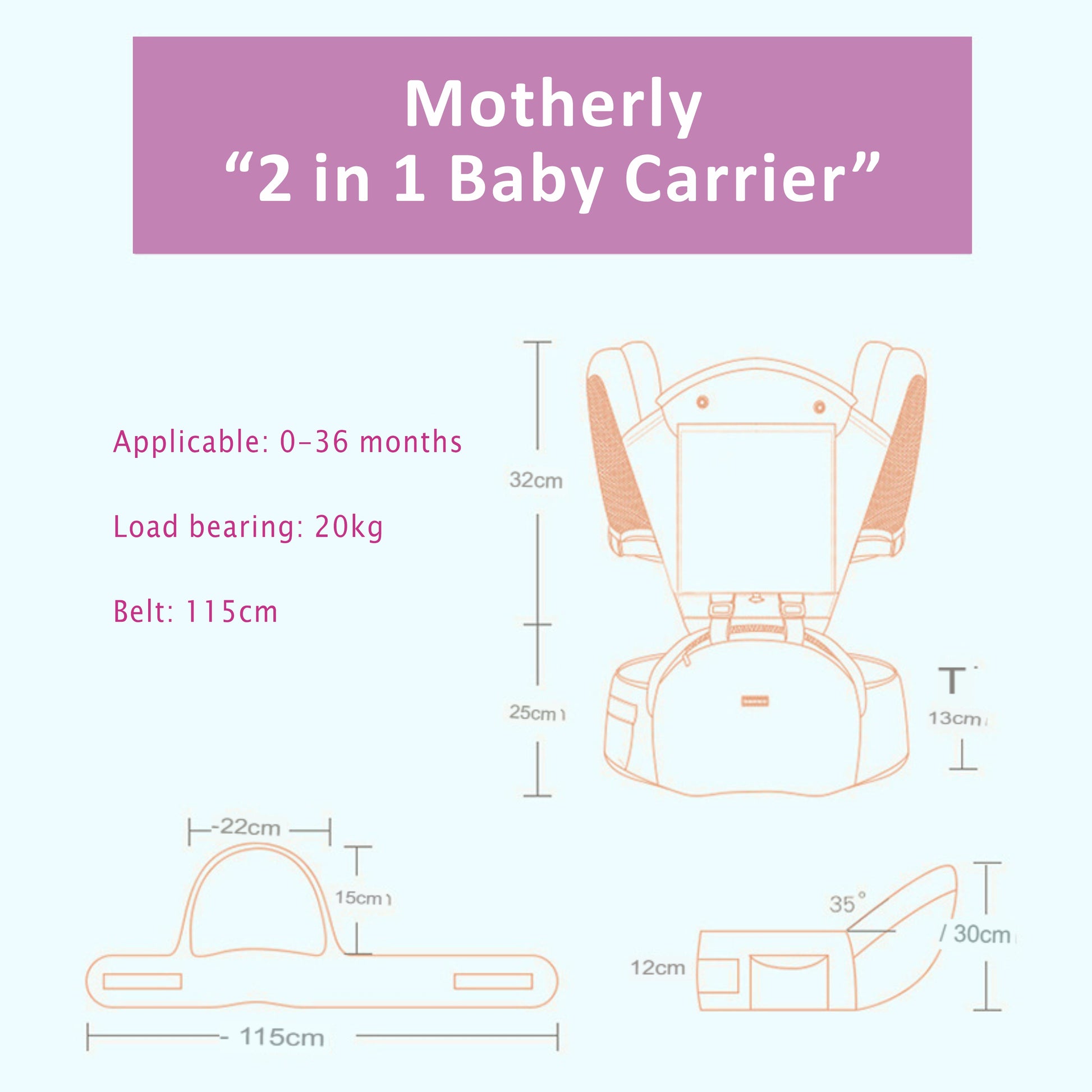Motherly 2-in-1 Baby Carrier Bag for 6 to 36 Months - Kangaroo Style with Hip Seat for Comfort Carrying - MOTHERLY