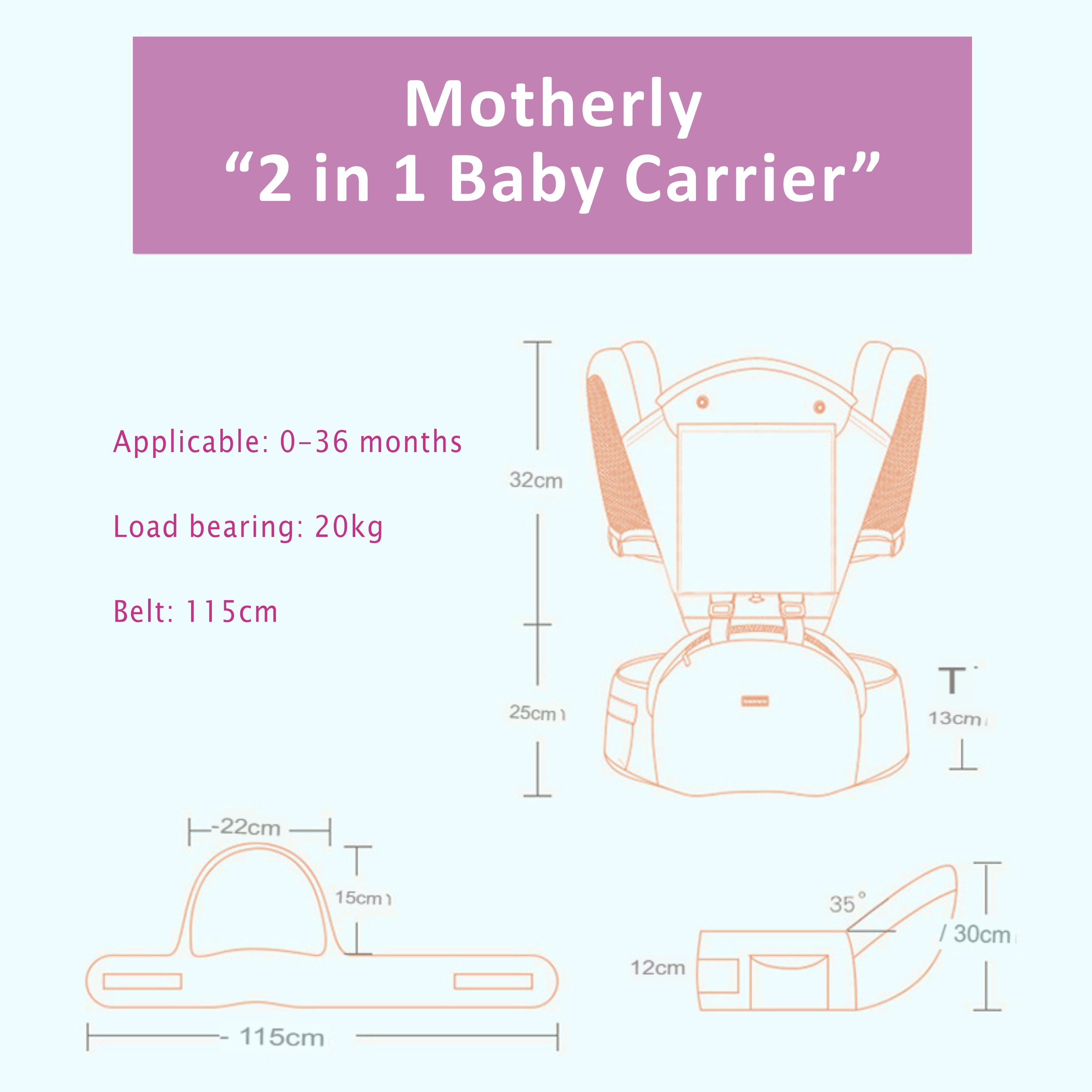 Motherly 2-in-1 Baby Carrier Bag for 6 to 36 Months - Kangaroo Style with Hip Seat for Comfort Carrying - MOTHERLY