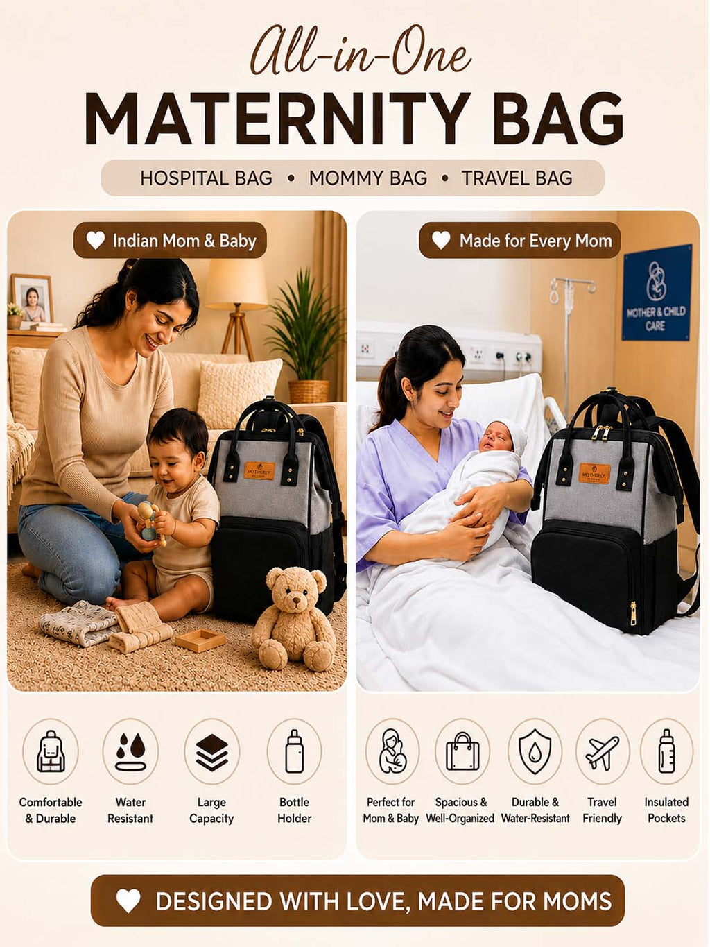Motherly Crown Diaper Bag for Moms – Water-Resistant Travel & Maternity Bag with Multiple Pockets & 6-Month Warranty
