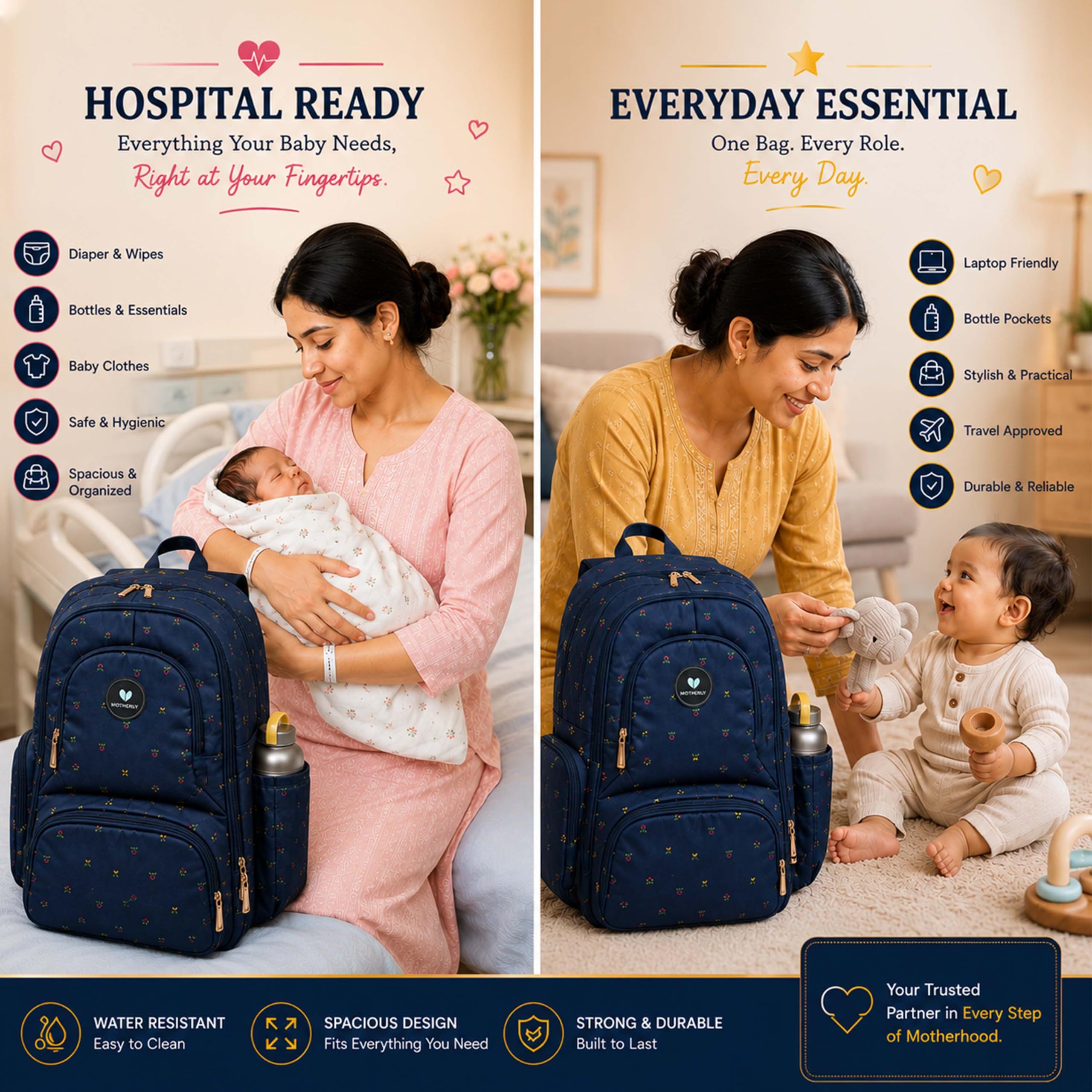 Motherly Elite Diaper Bag for Mothers for Travel, Maternity Bag for Newborn Baby, Mother Travelling Bag, Multiple Pocket Water Resistant Hospital Bag for moms with complimentary offers (Blue Flower)