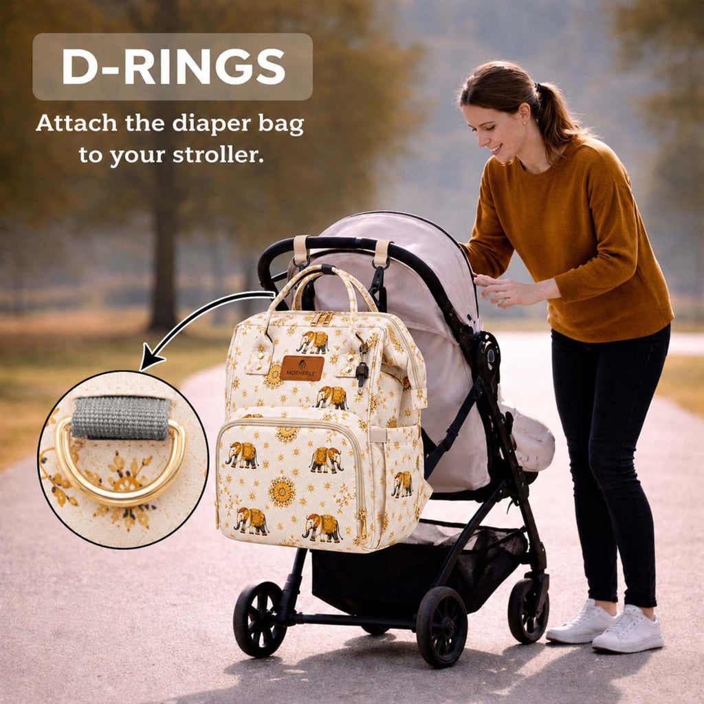 Motherly Imperial Diaper Bag Backpack | Elegant Elephant Print Maternity & Baby Travel Bag | Waterproof Diaper Bag with Insulated Pockets, Large Capacity & Premium Organization(Imperial Series, Cream)