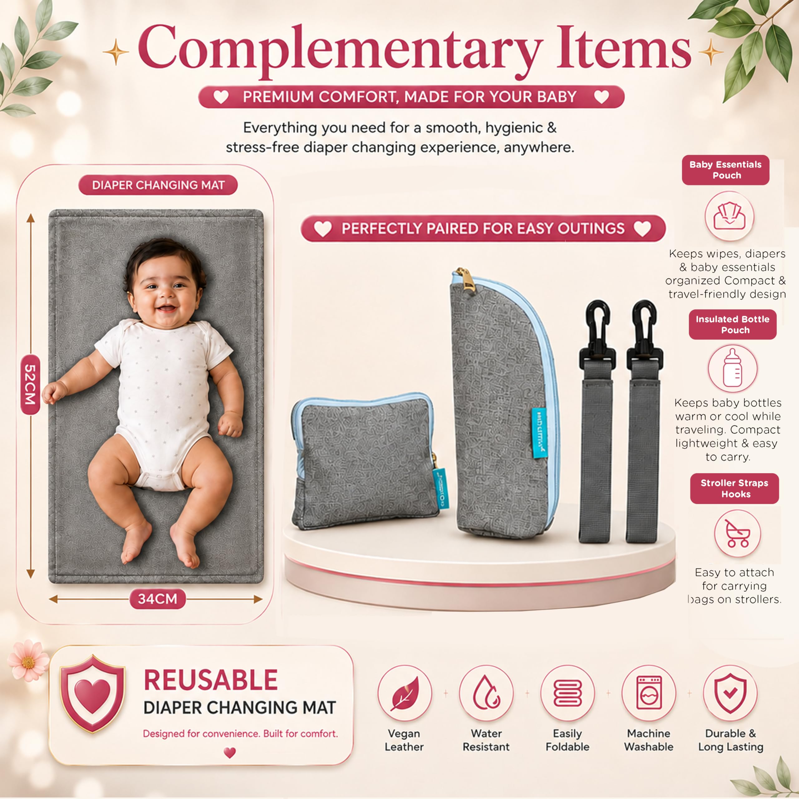 Motherly Patented Design Maternity Diaper Bag with Accessories | Waterproof Baby Travel Bag | Multi-Pocket Organizer for Newborn Essentials & Hospital Use (Envy Series) - Pink Grey