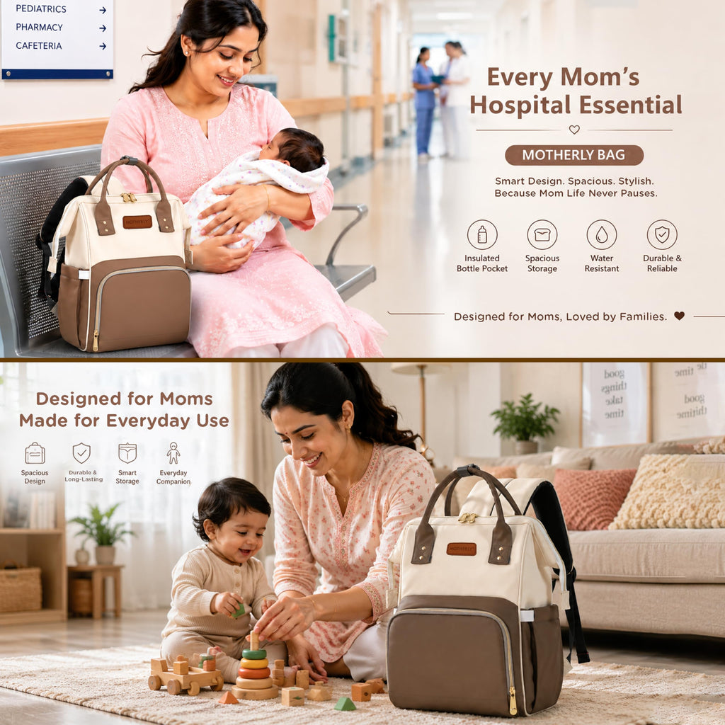 Motherly Patented Design Maternity Diaper Bag with Accessories | Waterproof Baby Travel Bag | Multi-Pocket Organizer for Newborn Essentials & Hospital Use (Envy Series) - Cream Brown