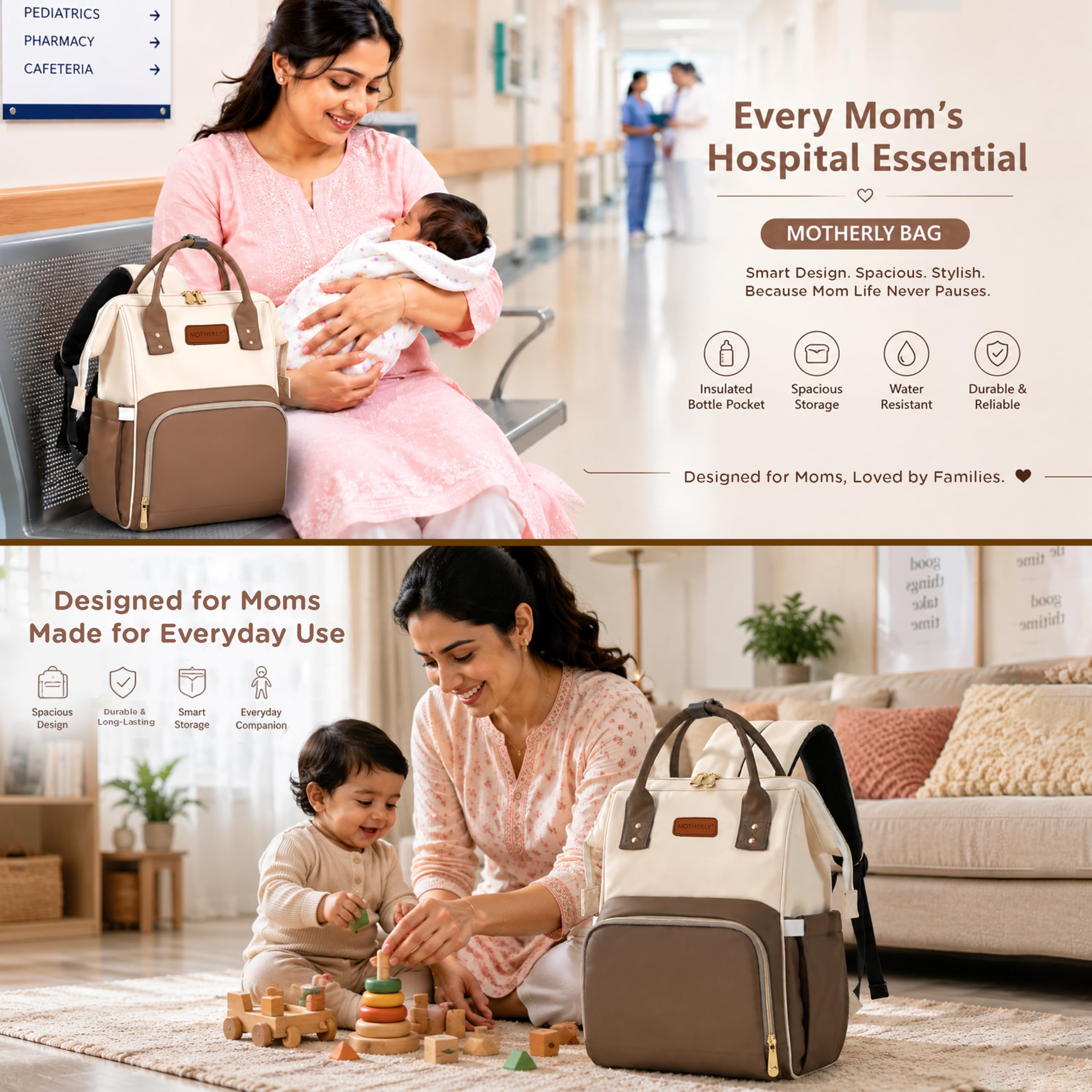 Motherly Patented Design Maternity Diaper Bag with Accessories | Waterproof Baby Travel Bag | Multi-Pocket Organizer for Newborn Essentials & Hospital Use (Envy Series) - Cream Brown