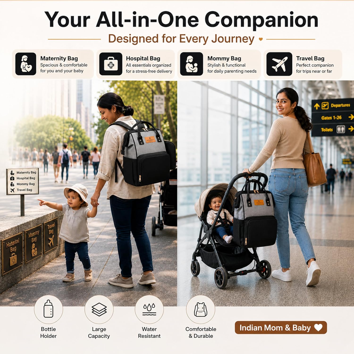 Motherly Crown Combo Melange Fabric Diaper Bag for Mothers for Travel With Warranty | Spacious Diaper Bags for Mom | baby bag for mother travel | Maternity Bags for Mother and Baby