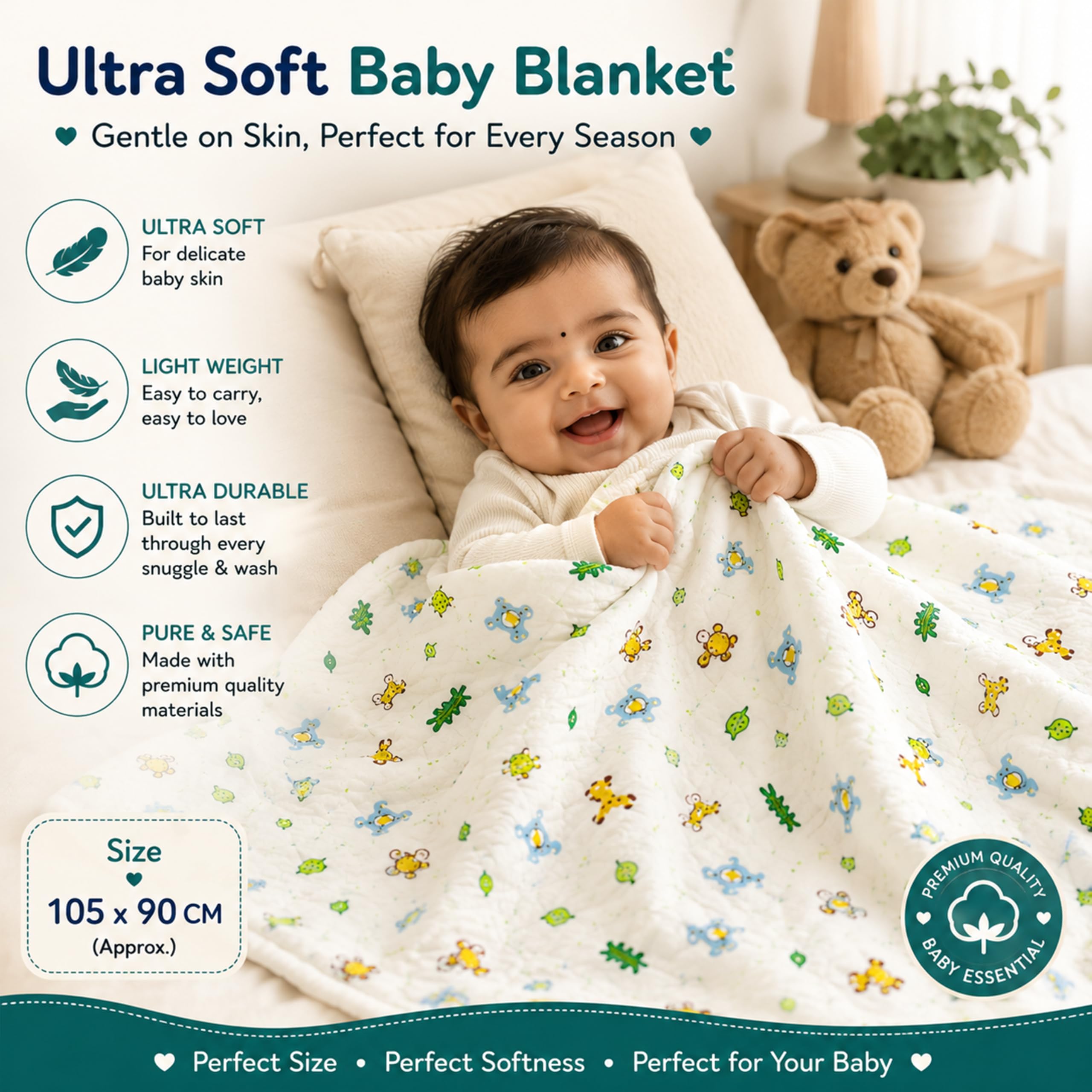 Motherly 100% Organic Cotton Reversible Quilted Flannel Winter Blanket, Baby Blanket with Inbuilt Quilt & Removable Cover, Breathable Ultrasoft AC Blanket for Baby Boy & Girl (190x105 cm) 0-24 Months