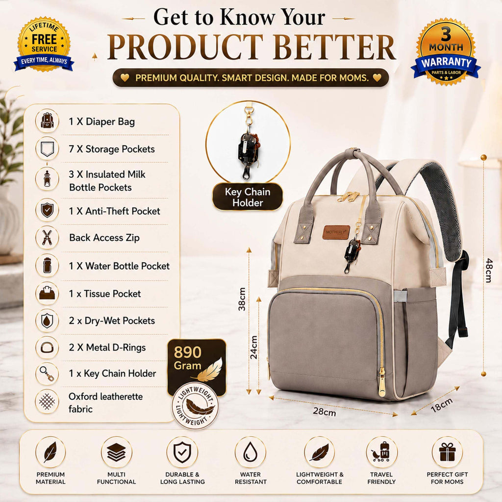 Motherly Patented Design Maternity Diaper Bag with Accessories | Waterproof Baby Travel Bag | Multi-Pocket Organizer for Newborn Essentials & Hospital Use (Envy Series) - Combo Cream Grey