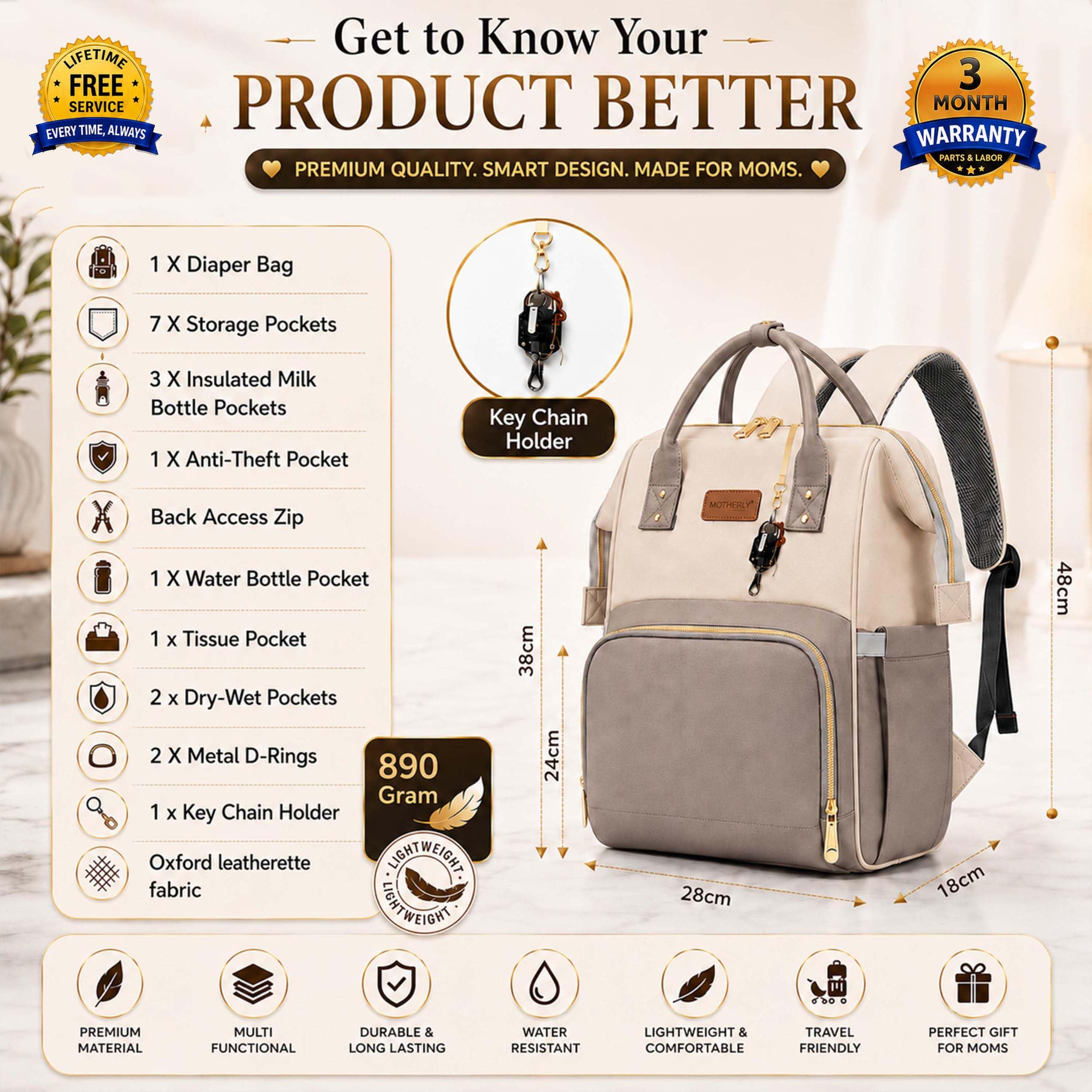 Motherly Patented Design Maternity Diaper Bag with Accessories | Waterproof Baby Travel Bag | Multi-Pocket Organizer for Newborn Essentials & Hospital Use (Envy Series) - Combo Cream Grey