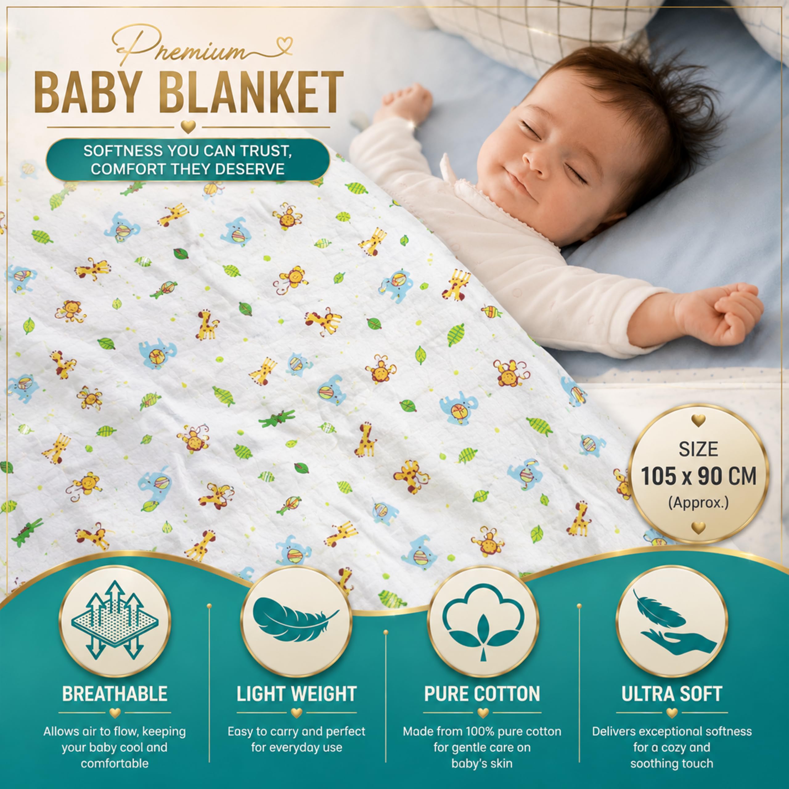 Motherly 100% Organic Cotton Reversible Quilted Flannel Winter Blanket, Baby Blanket with Inbuilt Quilt & Removable Cover, Breathable Ultrasoft AC Blanket for Baby Boy & Girl (190x105 cm) 0-24 Months