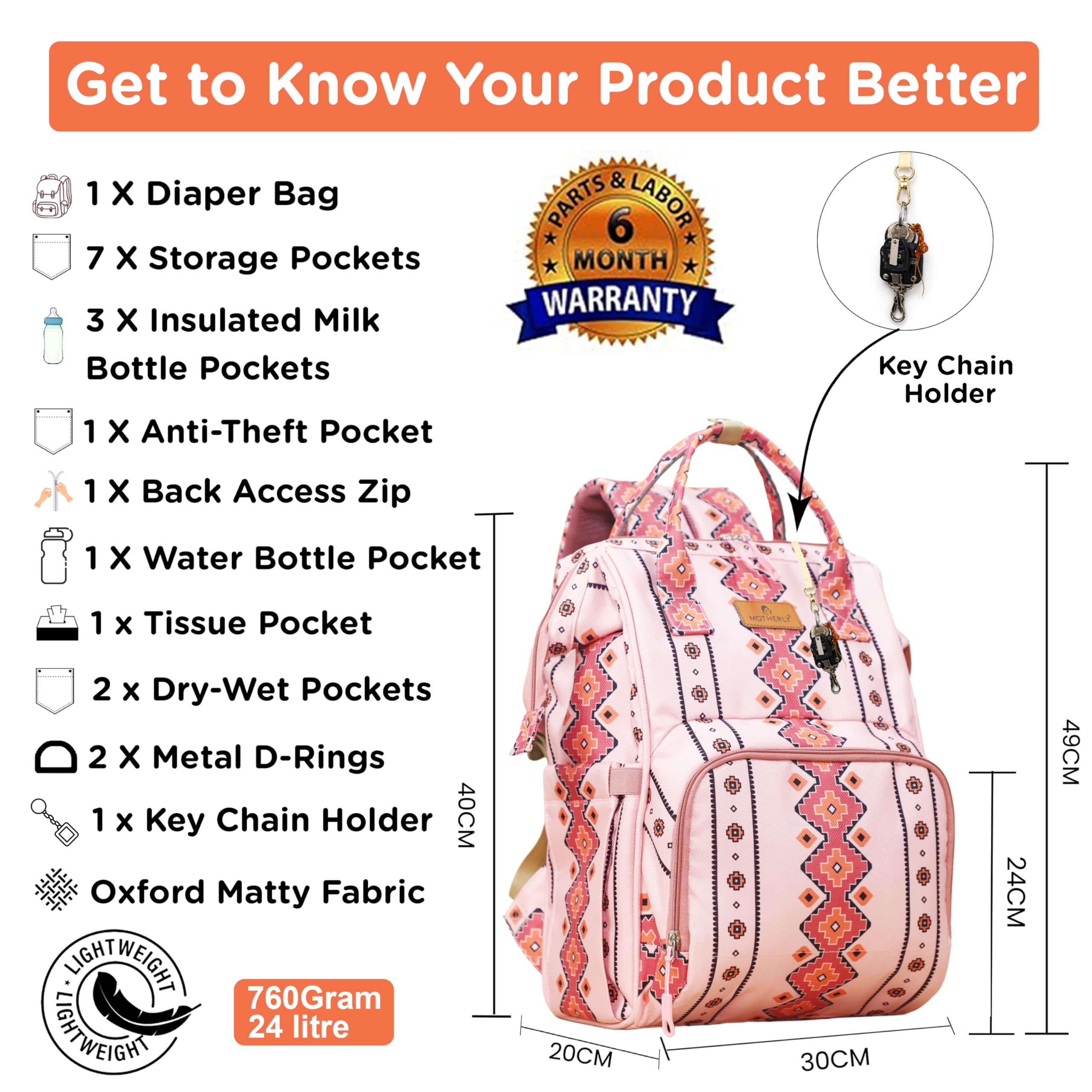 Motherly Patented Diaper Bag Backpack for Moms | Waterproof Baby Travel & Maternity Bag | Spacious Nappy Bag with Multiple Compartments, Insulated Bottle Pockets & Warranty (Ethnic Series, Pink)