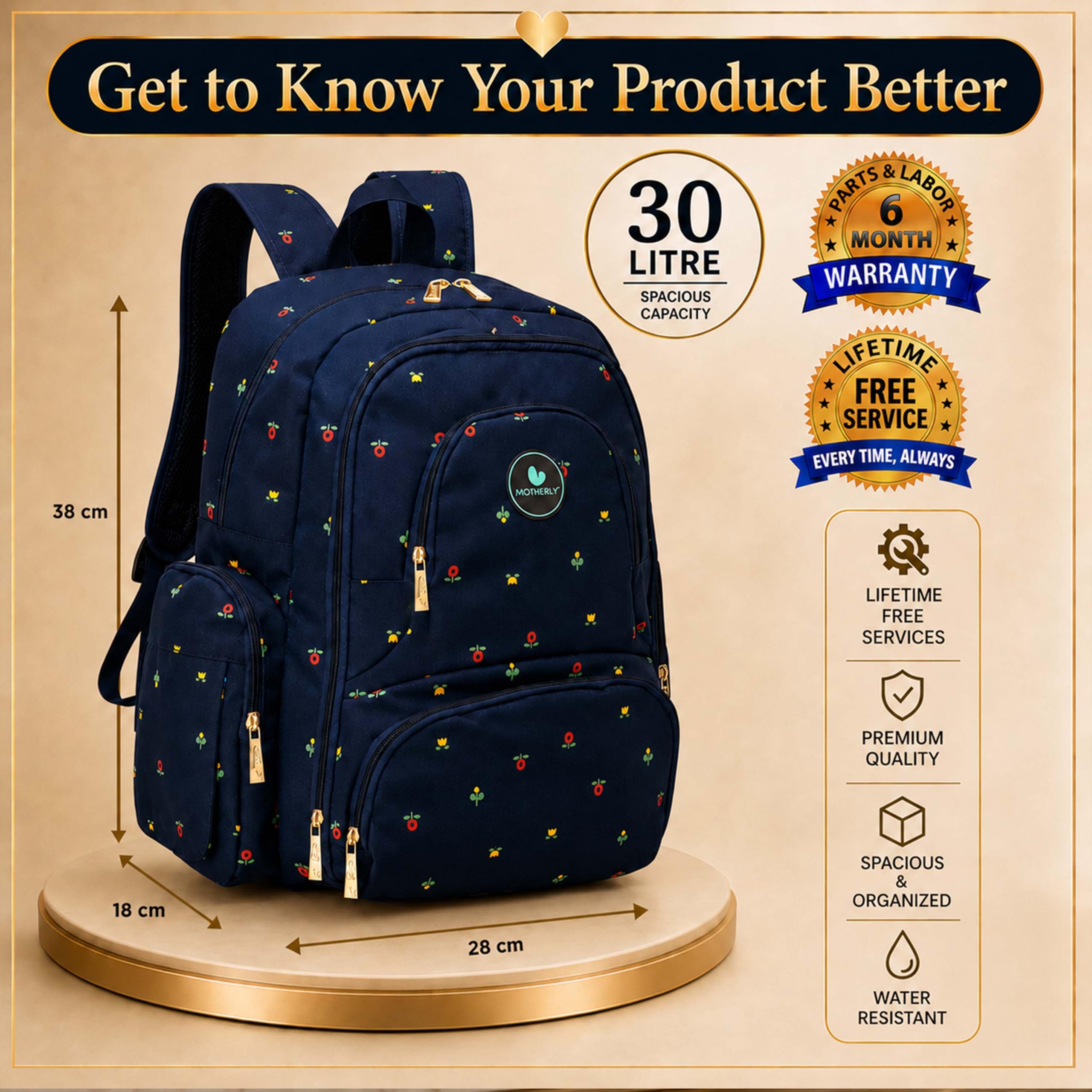 Motherly Elite Diaper Bag for Mothers for Travel, Maternity Bag for Newborn Baby, Mother Travelling Bag, Multiple Pocket Water Resistant Hospital Bag for moms with complimentary offers (Blue Flower)