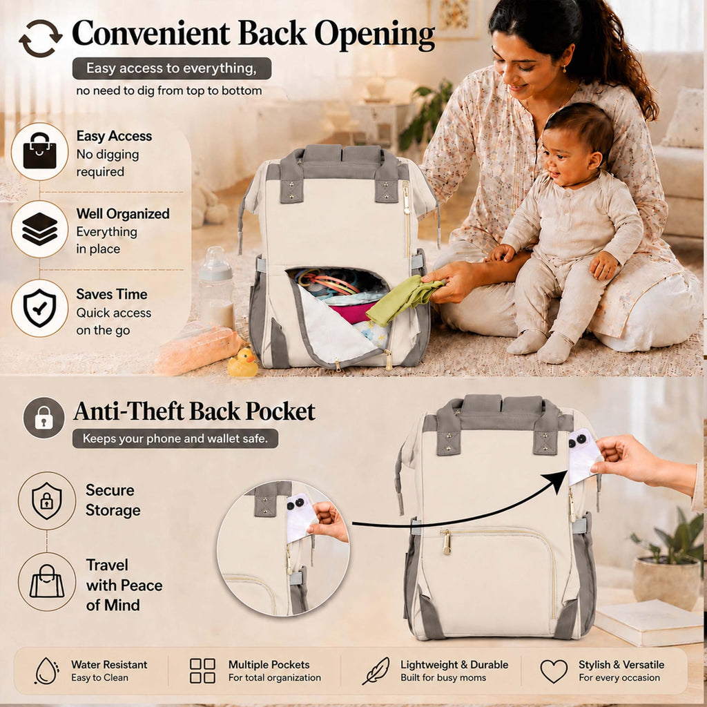 Motherly Patented Design Maternity Diaper Bag with Accessories | Waterproof Baby Travel Bag | Multi-Pocket Organizer for Newborn Essentials & Hospital Use (Envy Series) - Cream Grey