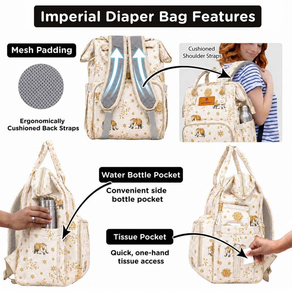 Motherly Imperial Diaper Bag Backpack | Elegant Elephant Print Maternity & Baby Travel Bag | Waterproof Diaper Bag with Insulated Pockets, Large Capacity & Premium Organization(Imperial Series, Cream)