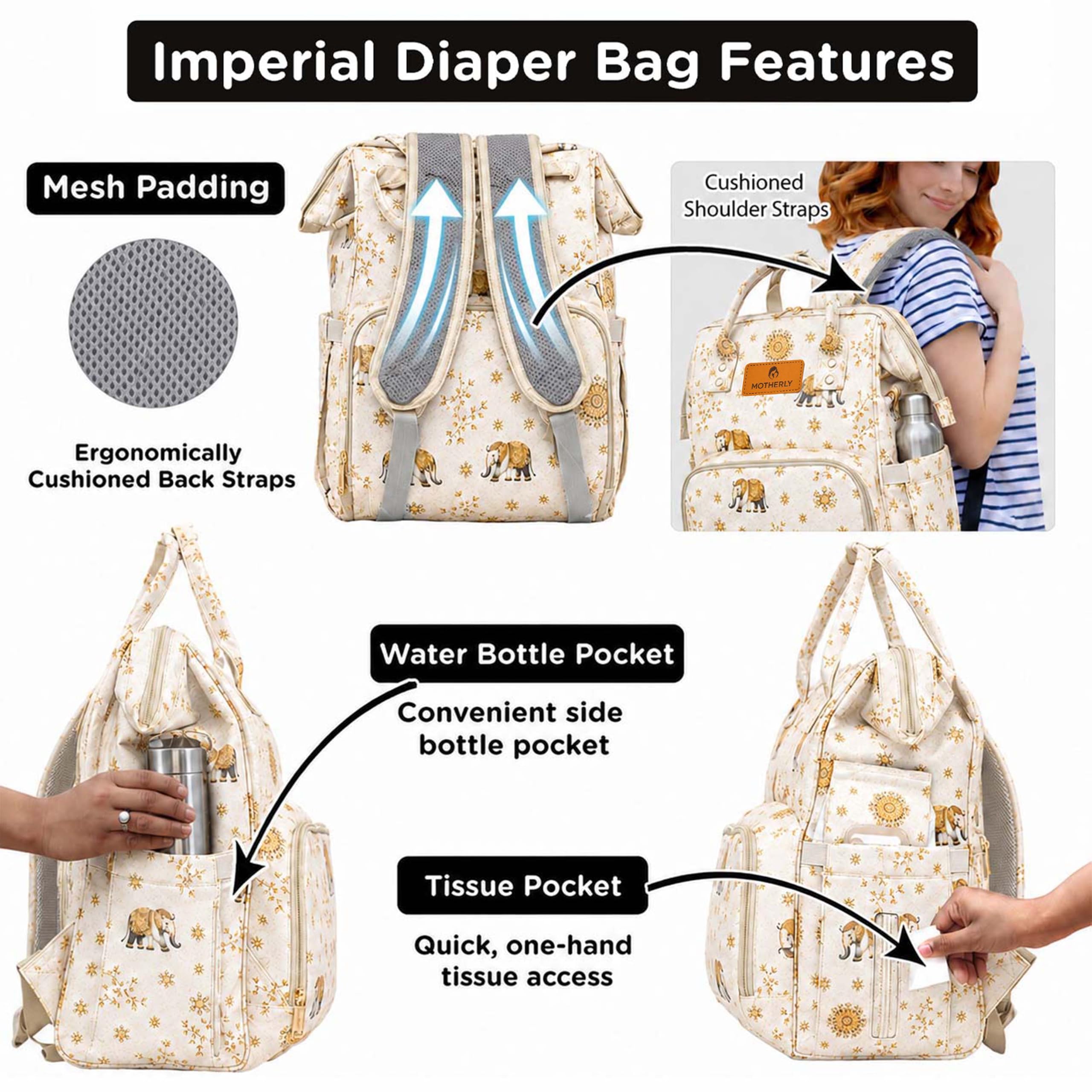 Motherly Imperial Diaper Bag Backpack | Elegant Elephant Print Maternity & Baby Travel Bag | Waterproof Diaper Bag with Insulated Pockets, Large Capacity & Premium Organization(Imperial Series, Cream)